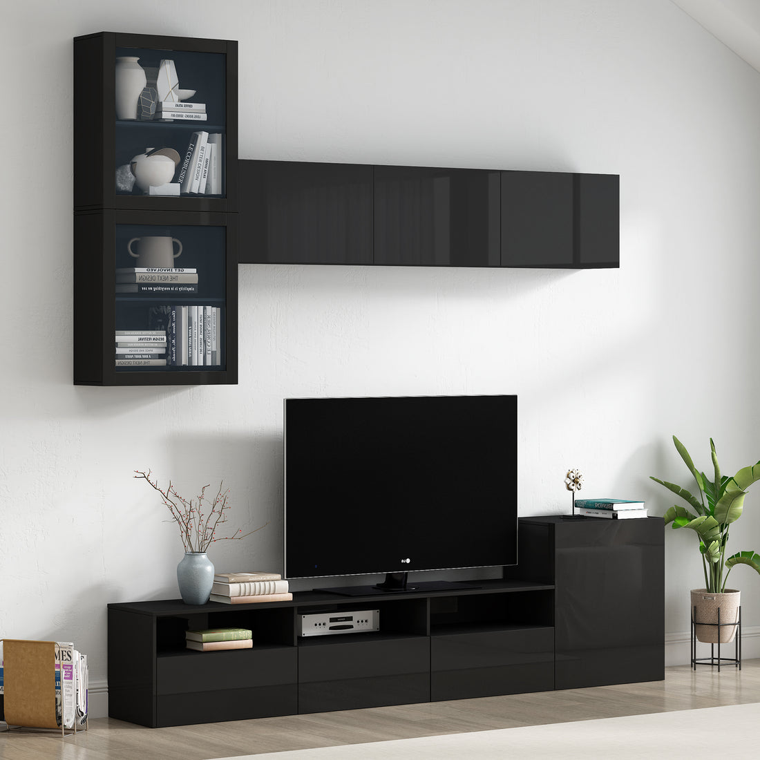 High Gloss Tv Stand With Large Storage Space, Media Console For Tvs Up To 78", Versatile Entertainment Center With Wall Mounted Floating Storage Cabinets For Living Room, Black Black Primary Living Space 70 79 Inches 70 79 Inches Mdf