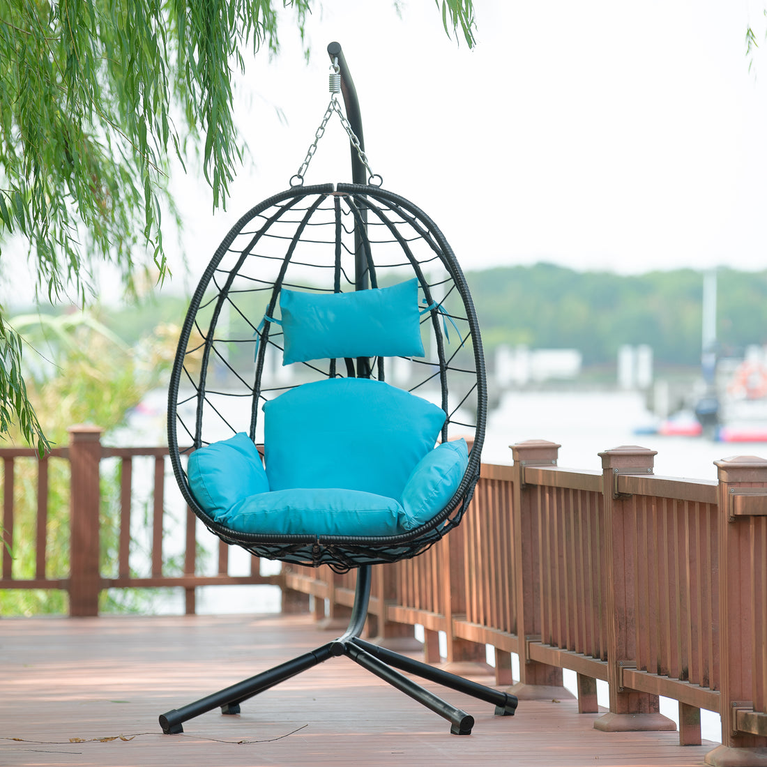 Egg Chair With Stand Indoor Outdoor Swing Chair Patio Wicker Hanging Egg Chair Hanging Basket Chair Hammock Chair With Stand For Bedroom Living Room Balcony Yes Sectional Light Blue Water Resistant