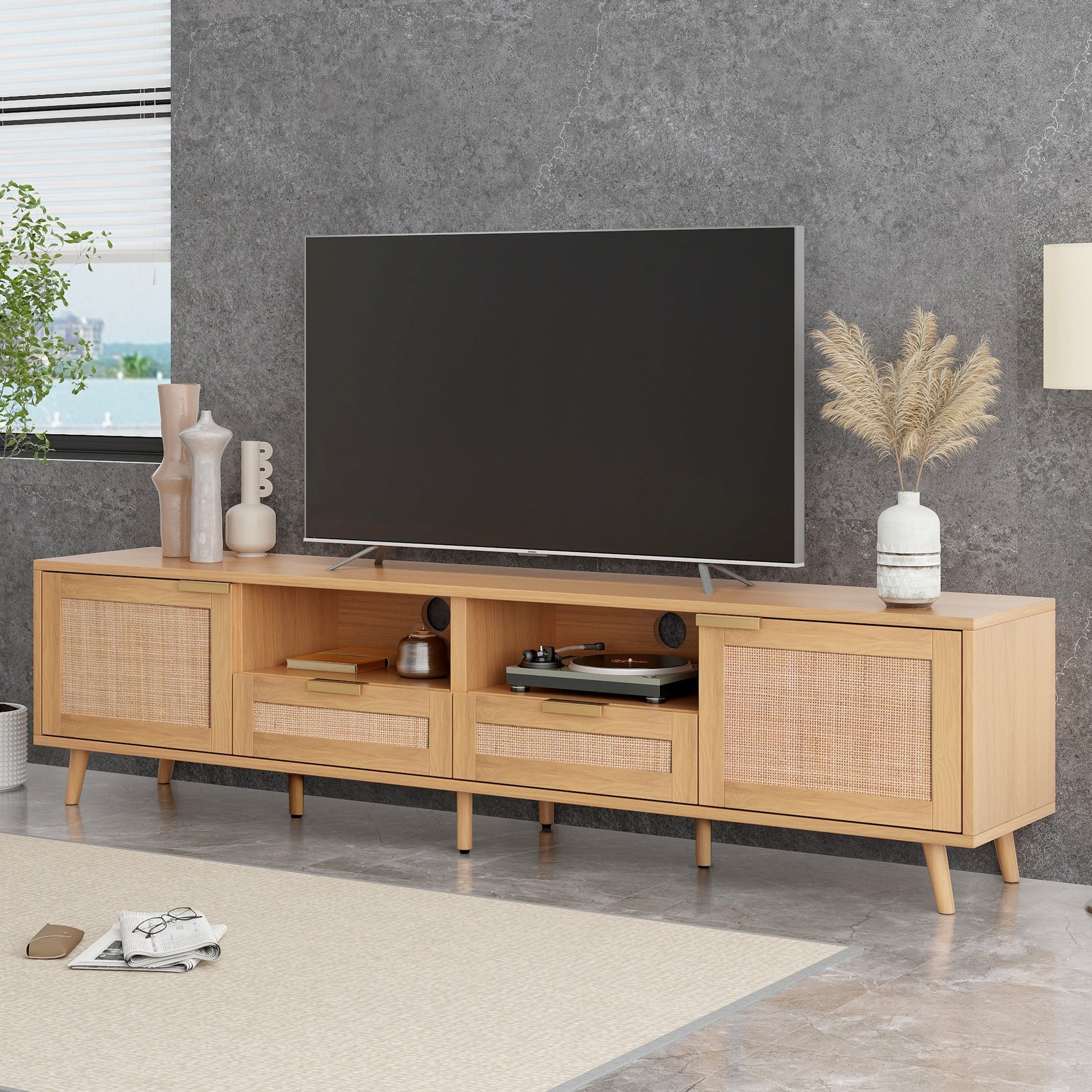 Rattan Tv Stand For Tvs Up To 85'', Modern Farmhouse Media Console, Entertainment Center With Solid Wood Legs, Tv Cabinet For Living Room,Home Theatre Wood Primary Living Space 70 79 Inches 70 79 Inches 80 Inches Solid Wood Mdf