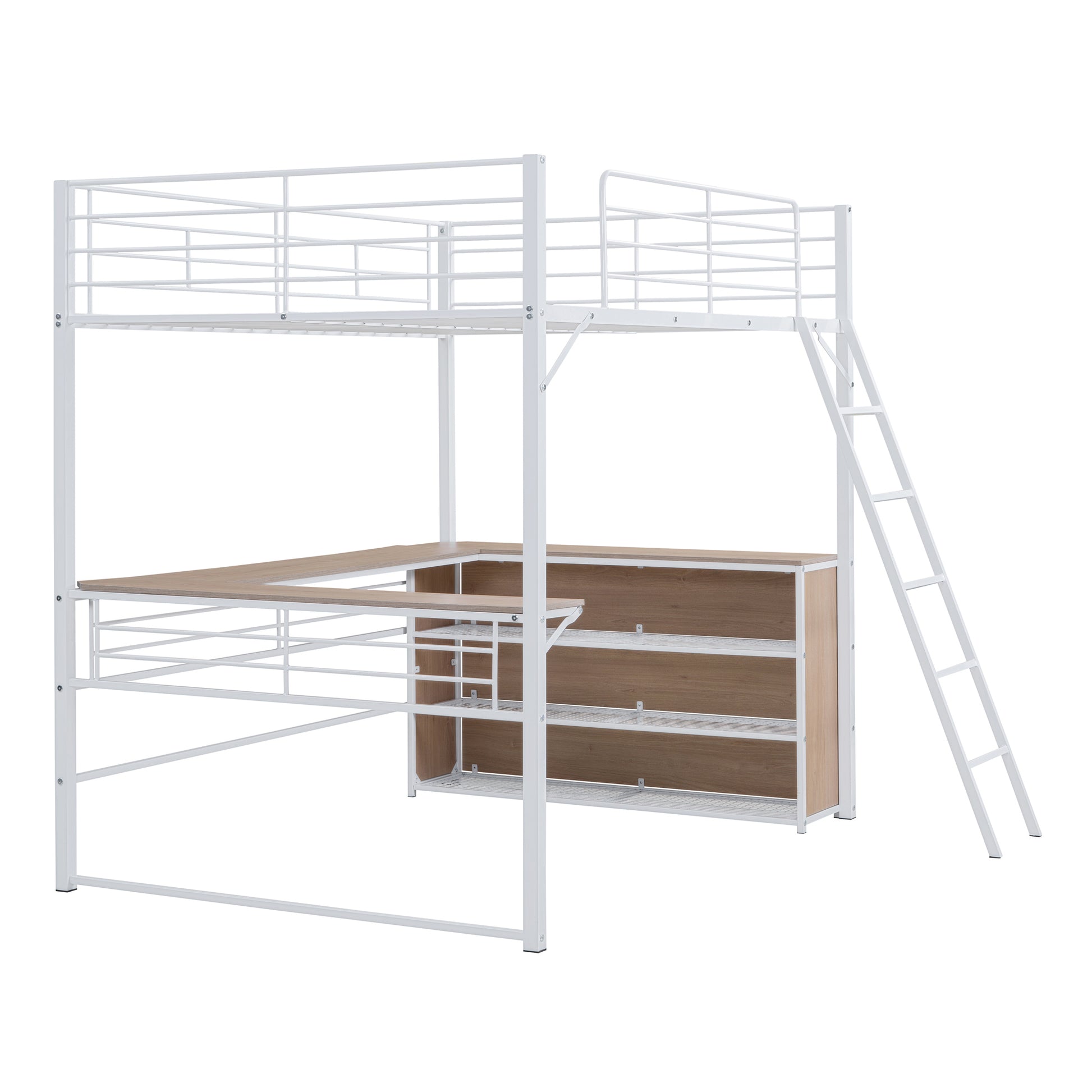 Full Size Metal Loft Bed With 3 Layers Of Shelves And L Shaped Desk, White White Metal