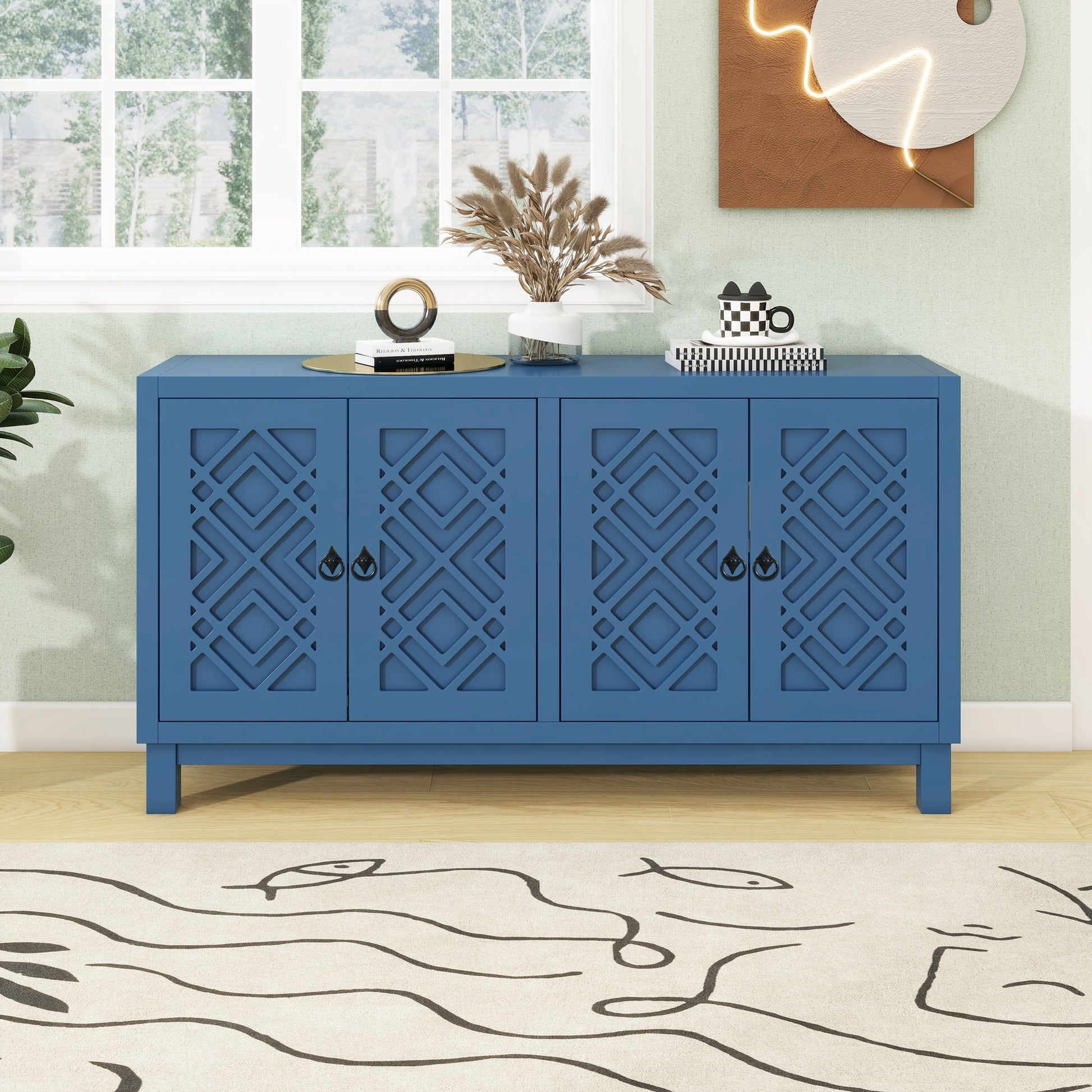 Large Storage Space Sideboard, 4 Door Buffet Cabinet With Pull Ring Handles For Living Room, Dining Room Navy Navy Mdf