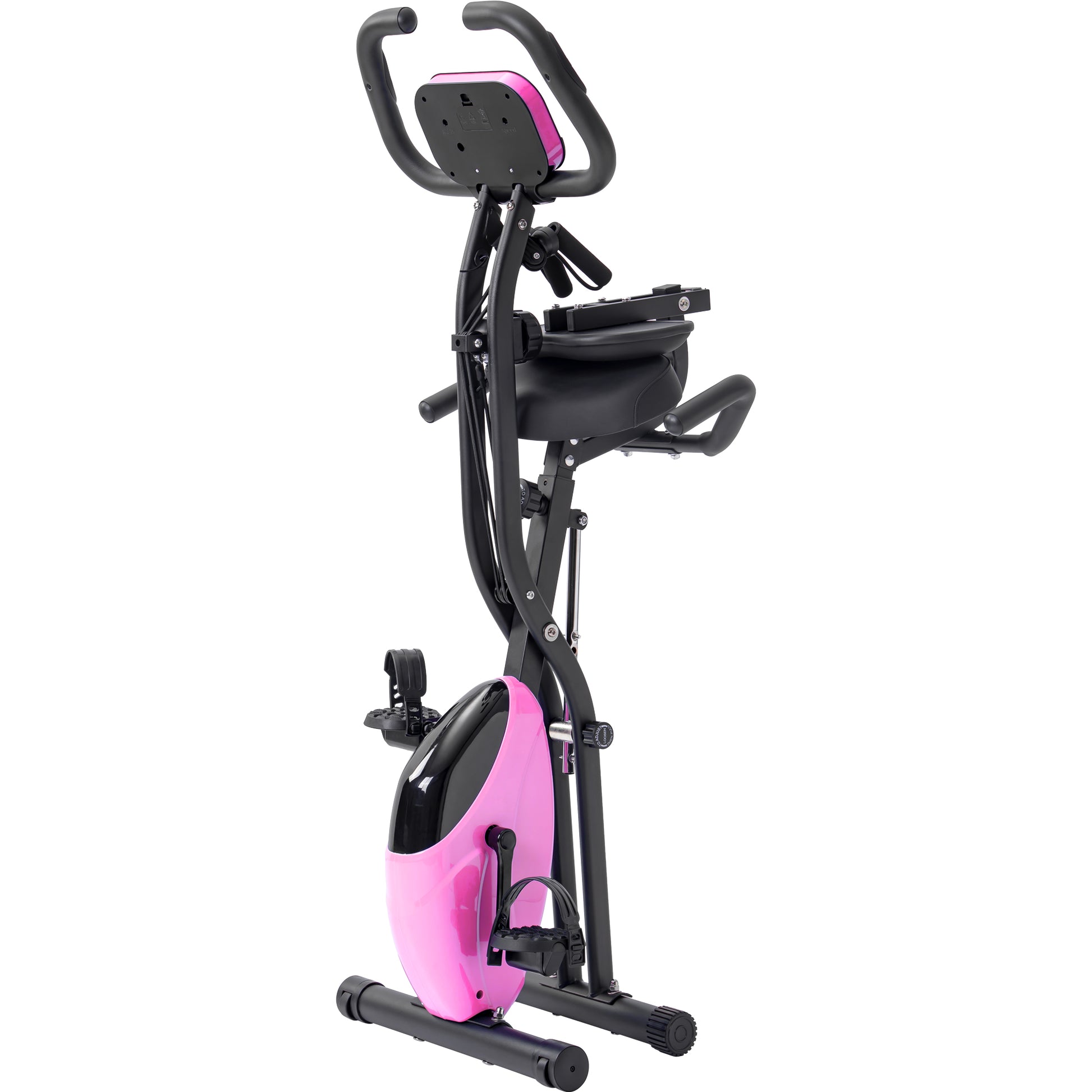 Folding Exercise Bike, Fitness Upright And Recumbent X Bike With 16 Level Adjustable Resistance, Arm Bands And Backrest Pink Metal