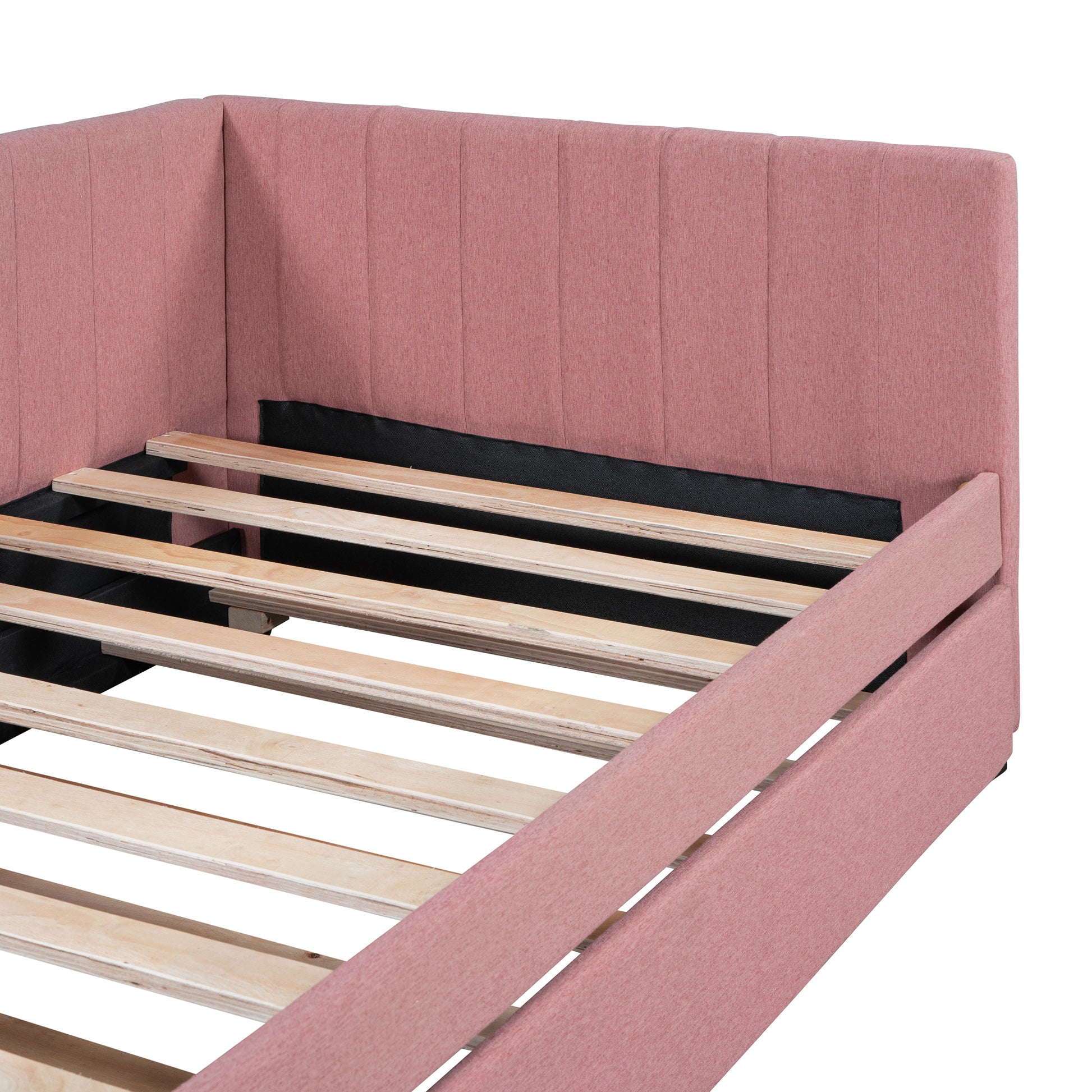 Upholstered Daybed With Trundle Twin Size Sofa Bed Frame No Box Spring Needed, Linen Fabric Pink Pink Linen