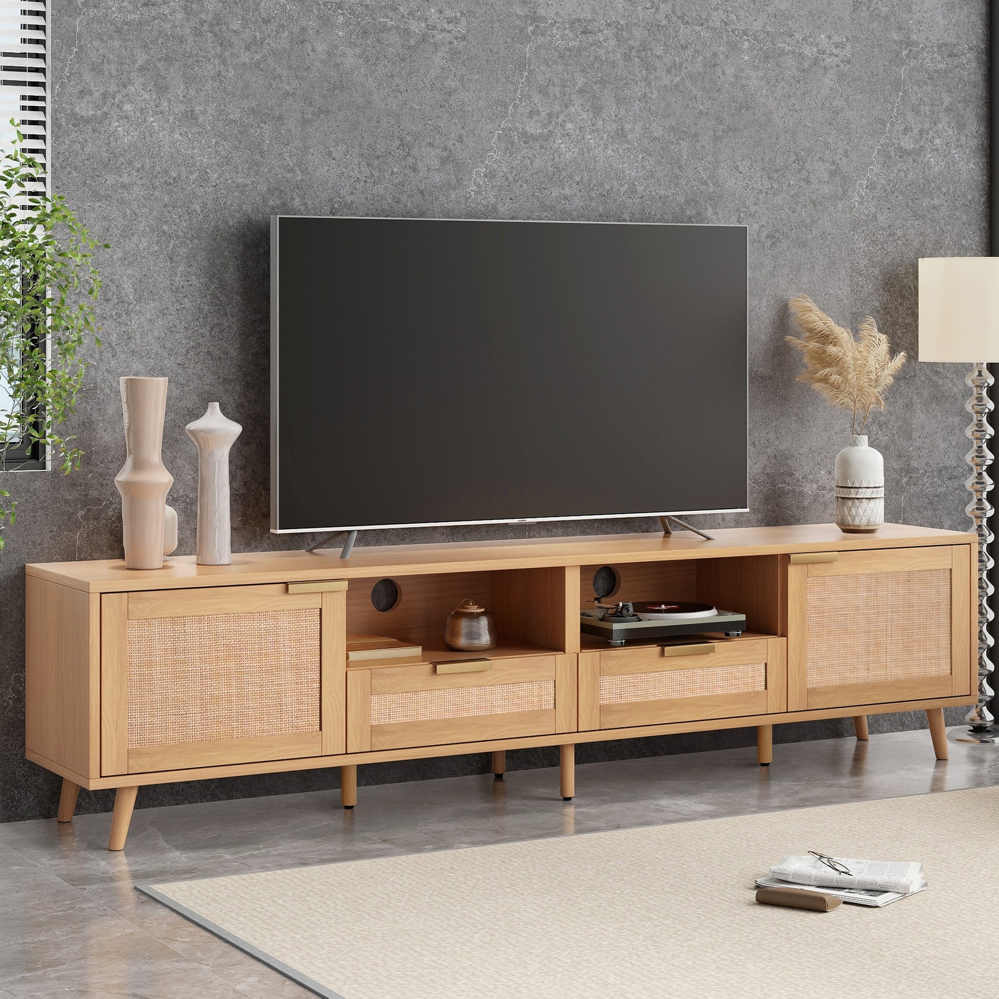 Rattan Tv Stand For Tvs Up To 85'', Modern Farmhouse Media Console, Entertainment Center With Solid Wood Legs, Tv Cabinet For Living Room,Home Theatre Wood Primary Living Space 70 79 Inches 70 79 Inches 80 Inches Solid Wood Mdf