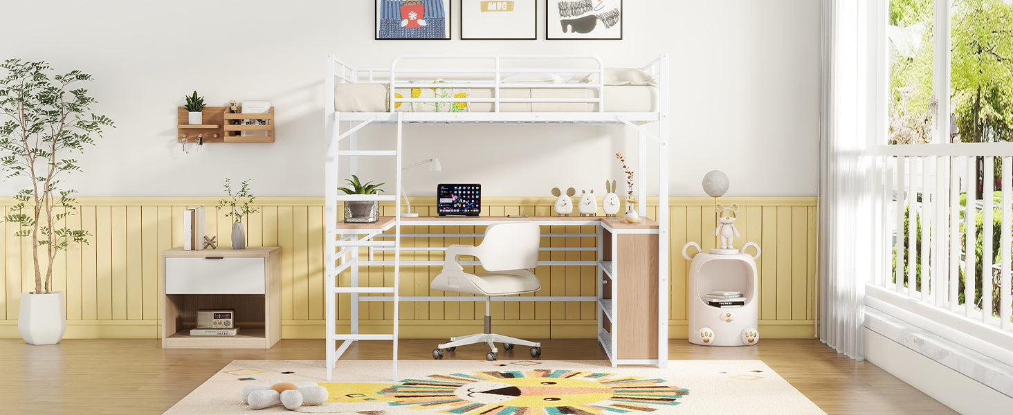 Full Size Metal Loft Bed With 3 Layers Of Shelves And L Shaped Desk, White White Metal