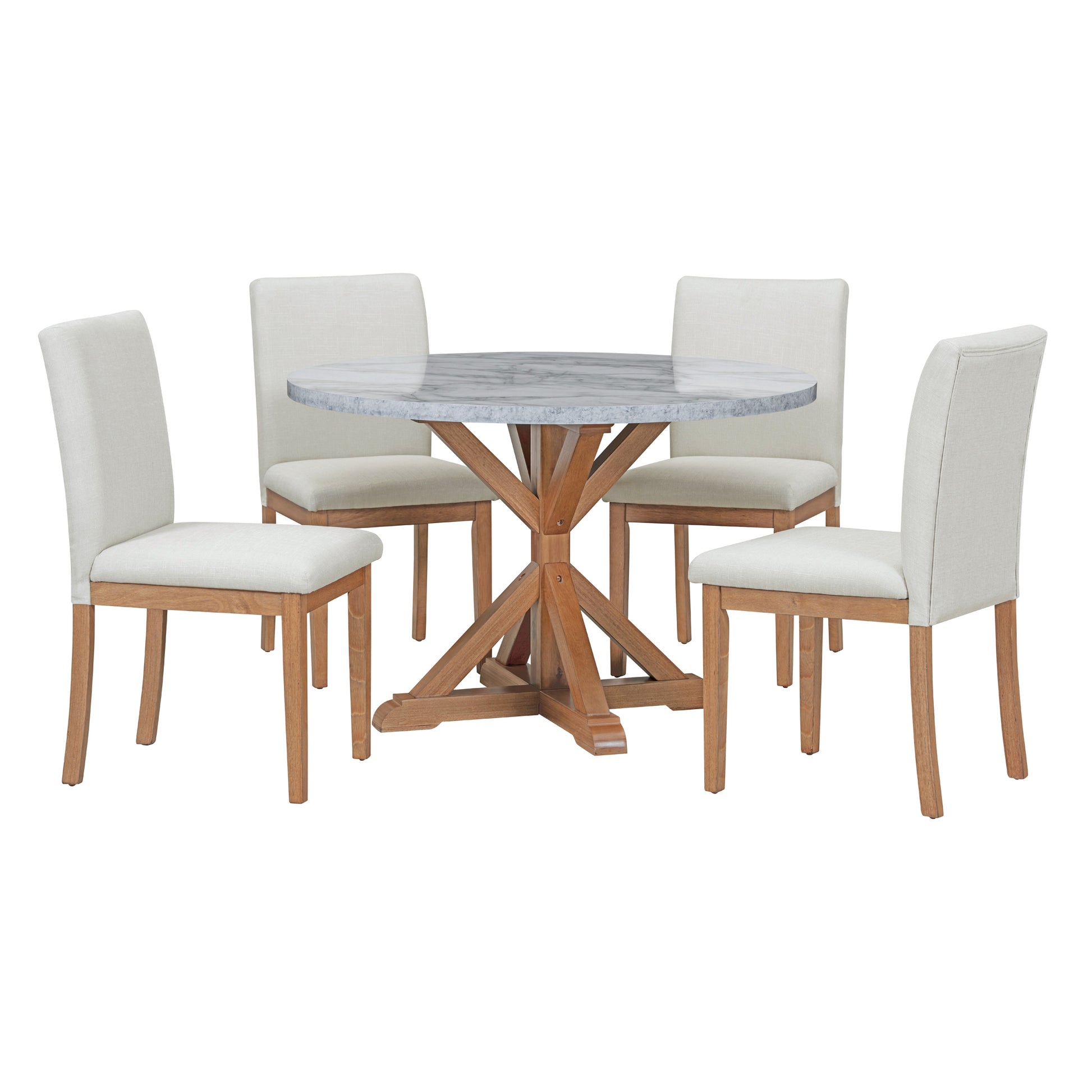 5 Piece Farmhouse Style Dining Table Set, Marble Sticker And Cross Bracket Pedestal Dining Table, And 4 Upholstered Chairs White Walnut Upholstered Chair Wood White Walnut Seats 4 Wood Dining Room Antique,Classic,Farmhouse Pedestal Round Dining Table