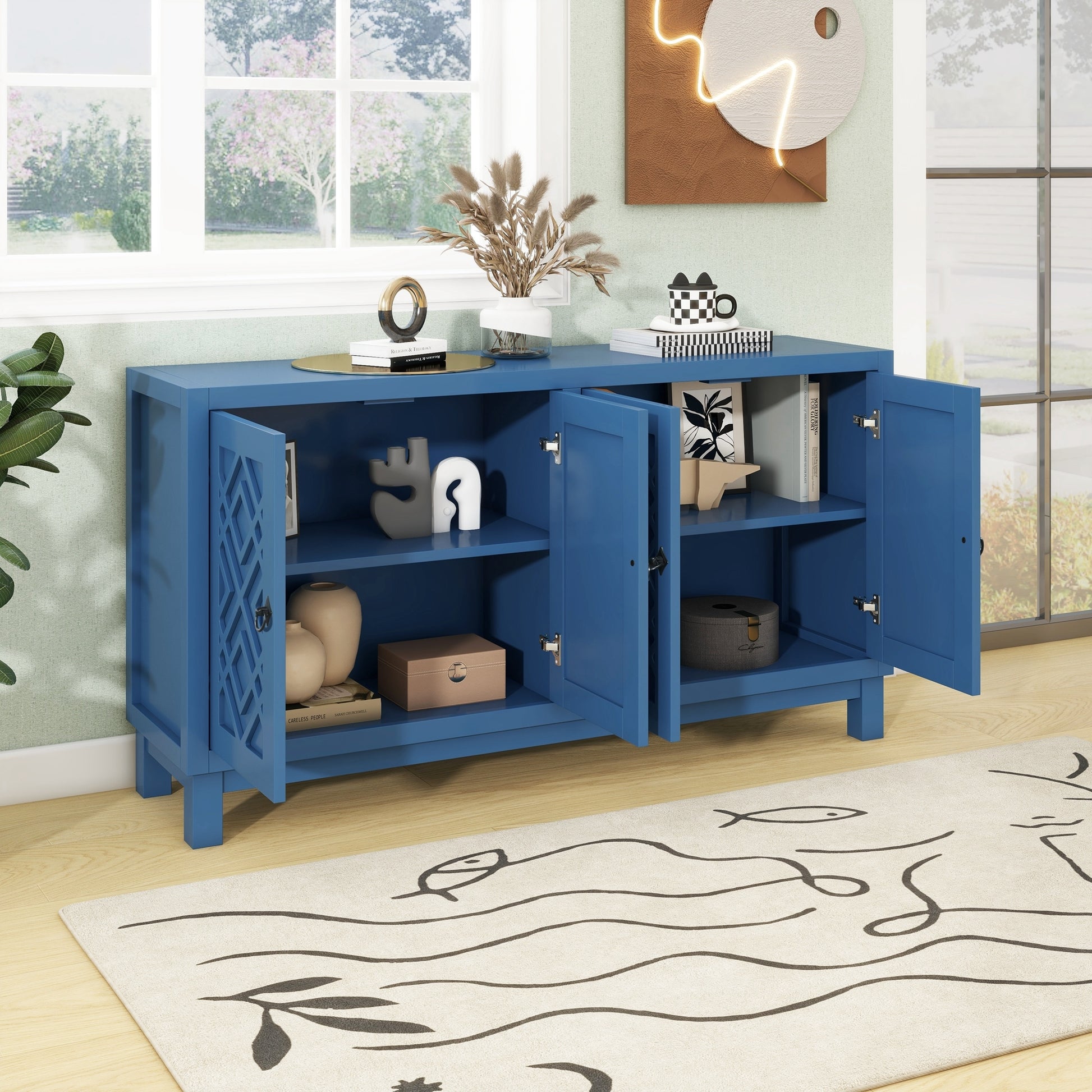 Large Storage Space Sideboard, 4 Door Buffet Cabinet With Pull Ring Handles For Living Room, Dining Room Navy Navy Mdf