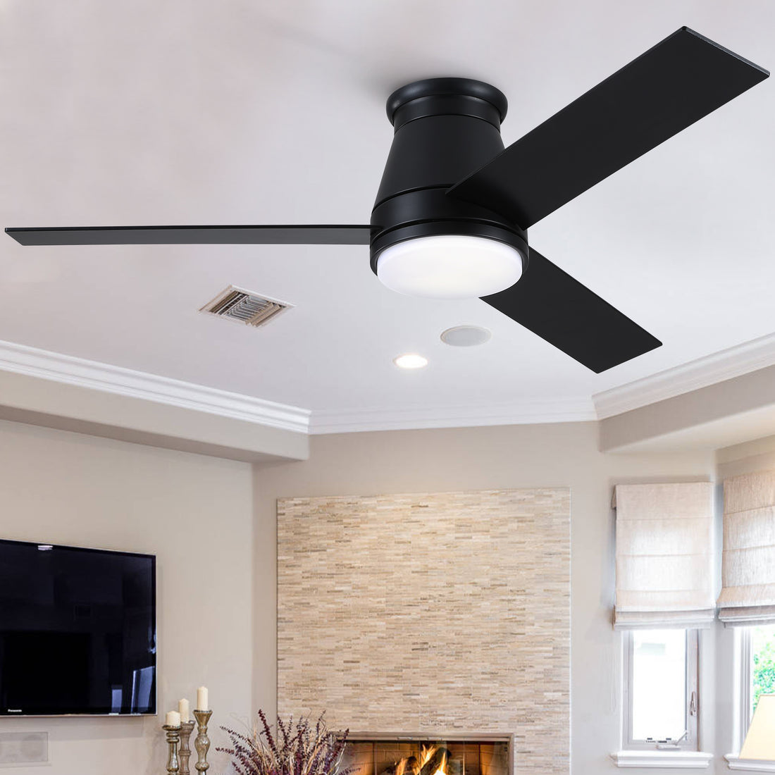 48" Black Lowe Profile Ceiling Fan With Light Black Plywood