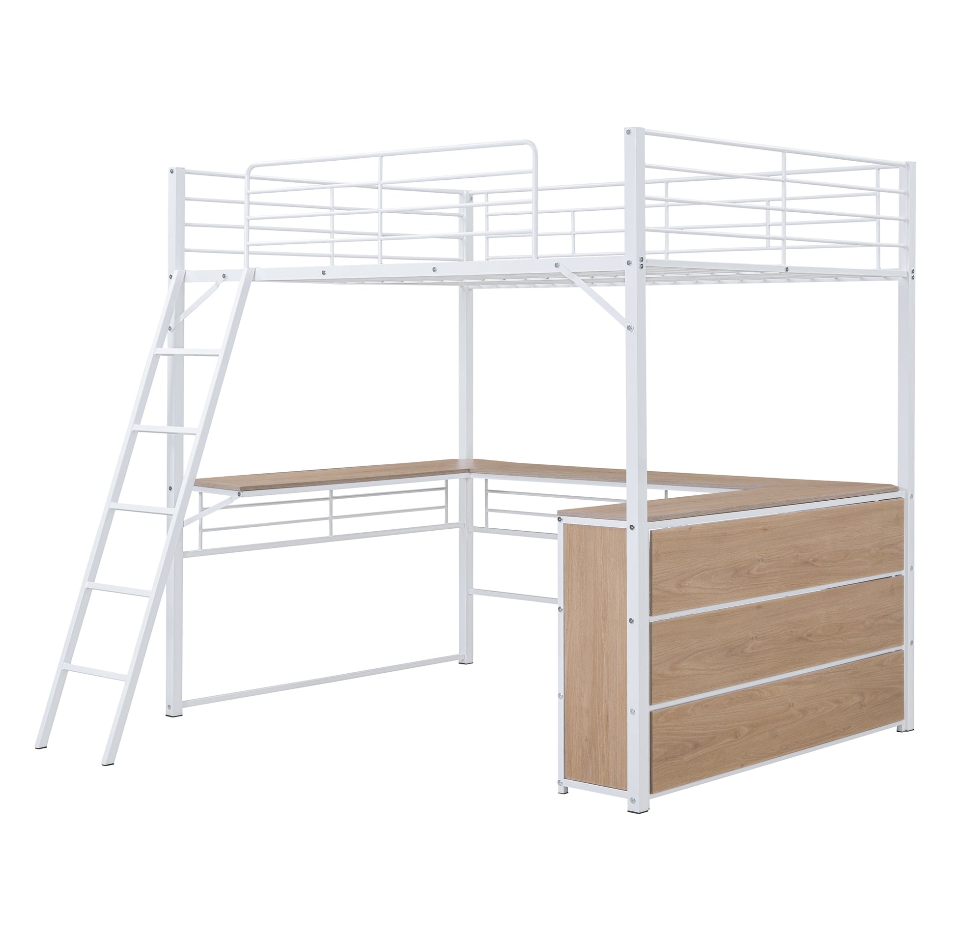 Full Size Metal Loft Bed With 3 Layers Of Shelves And L Shaped Desk, White White Metal