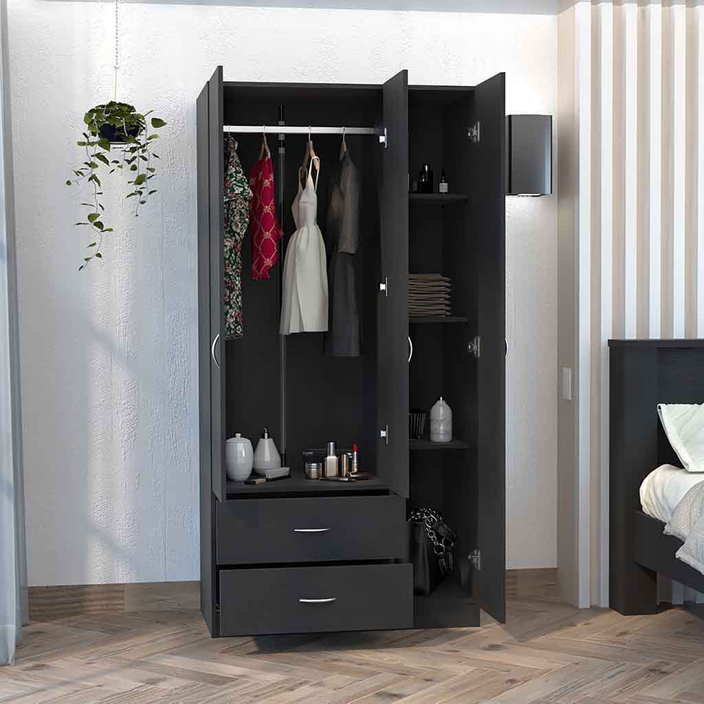 Three Door Armoire Clark, Bedroom, Black Black Particle Board Engineered Wood