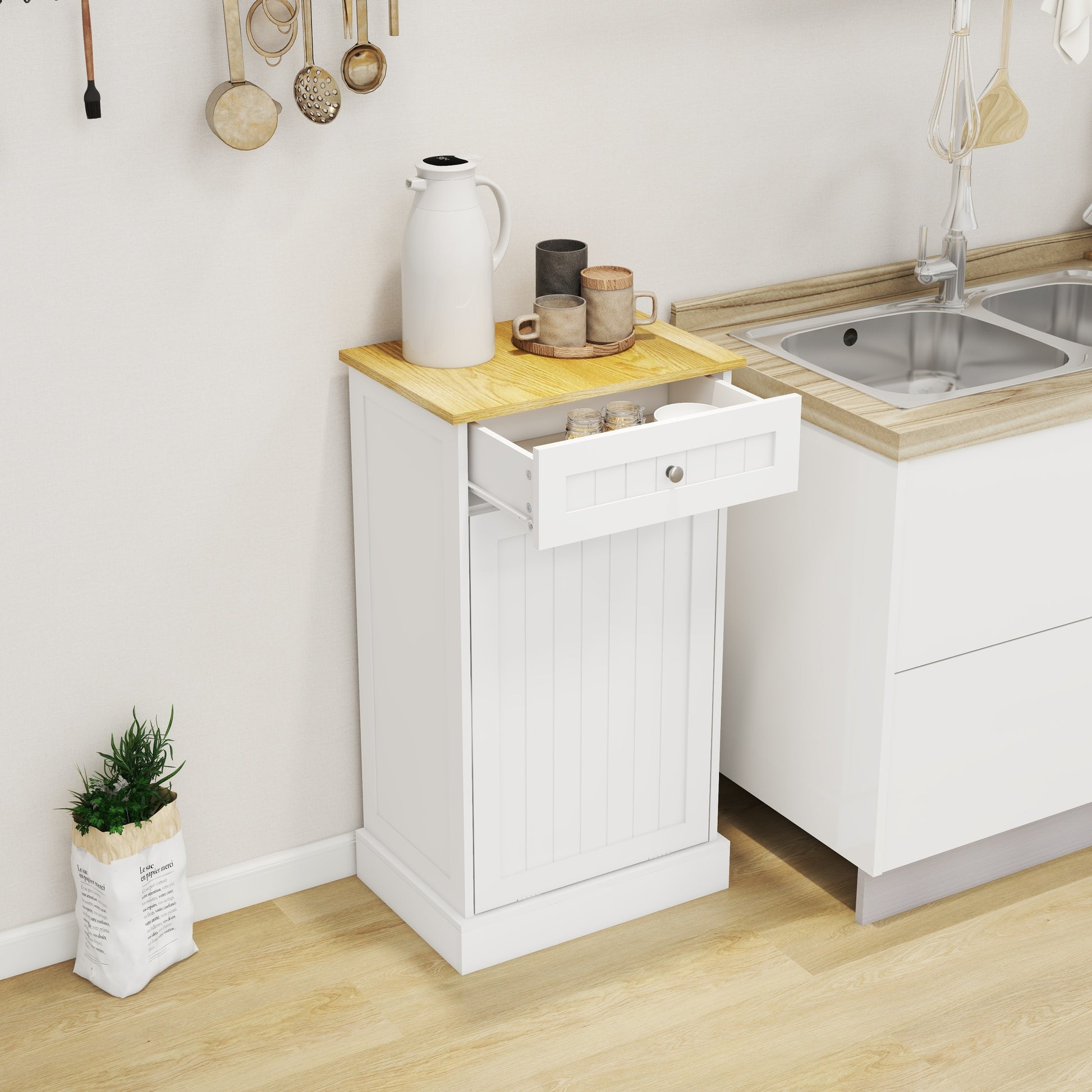 One Drawers And One Compartment Tilt Out Trash Cabinet Kitchen Trash Cabinet White White Mdf