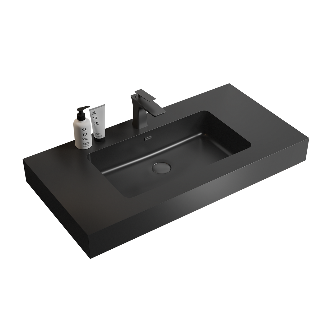 Bb02 36 109, Integrated Engineered Quartz Basin Without Drain And Faucet, Matte Black Color Matt Black Quartz