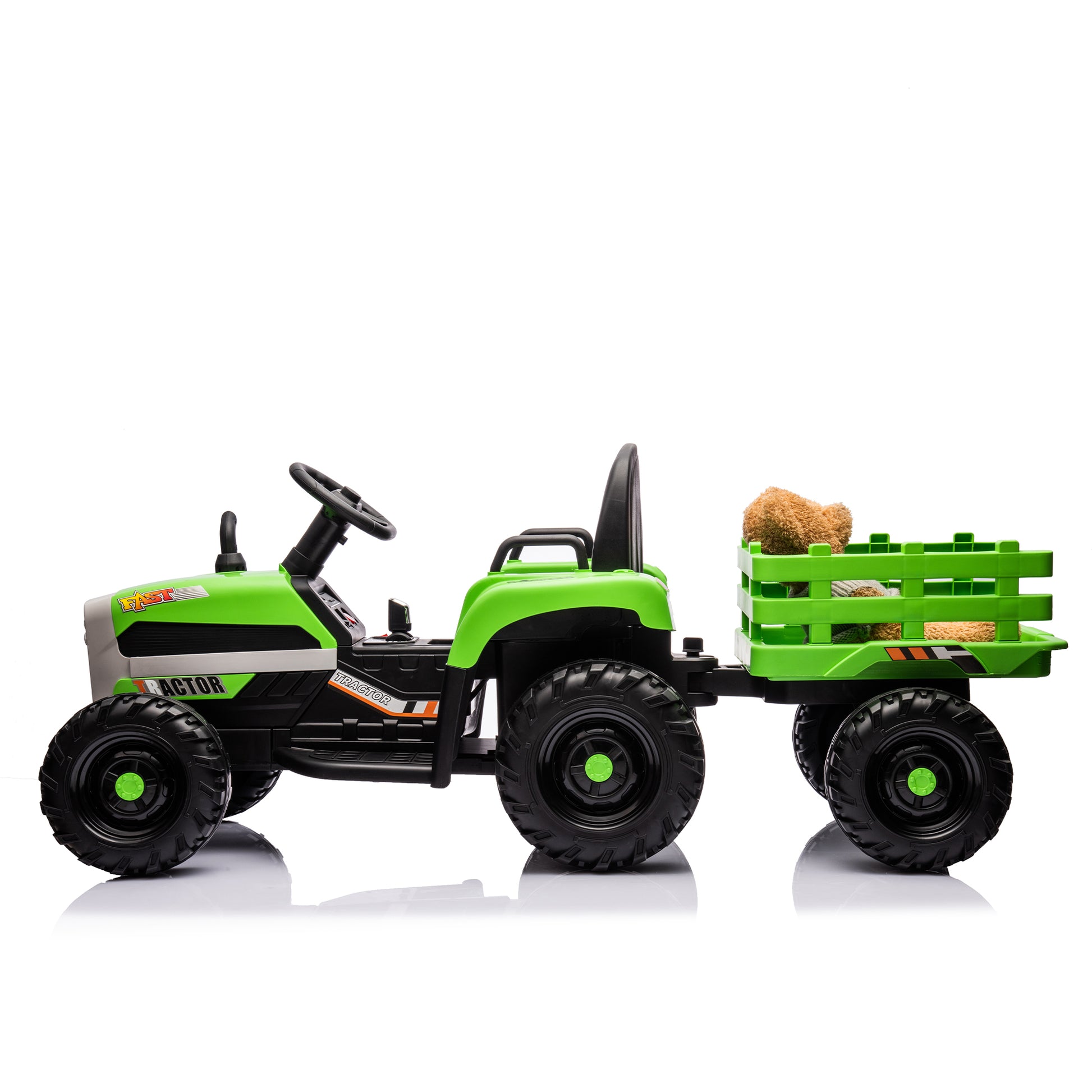 Ride On Tractor With Trailer,24V Battery Powered Electric Tractor Toy, 200W*2Motor 1.86 4.97Mph Remote Control,Electric Car For Kids,Three Speed Adjustable,Usb,Mp3 ,Bluetooth,Led Light, Safety Belt Green Plastic