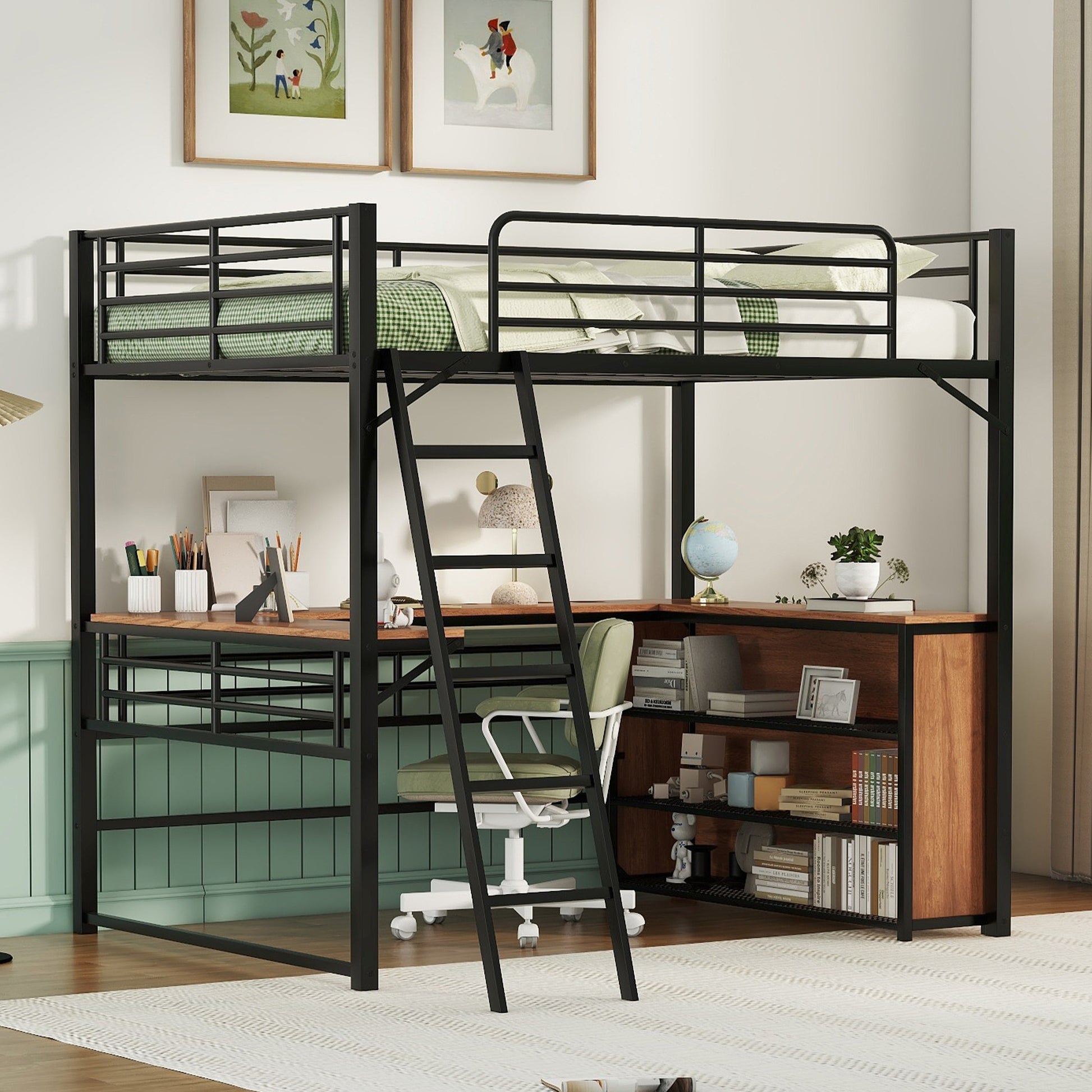 Full Size Metal Loft Bed With 3 Layers Of Shelves And L Shaped Desk, Black Black Metal