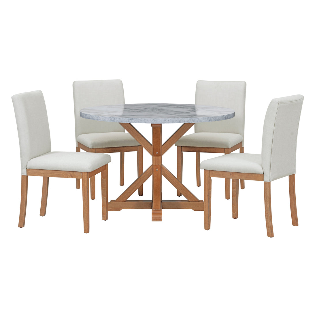5 Piece Farmhouse Style Dining Table Set, Marble Sticker And Cross Bracket Pedestal Dining Table, And 4 Upholstered Chairs White Walnut Upholstered Chair Wood White Walnut Seats 4 Wood Dining Room Antique,Classic,Farmhouse Pedestal Round Dining Table