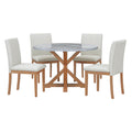 5 Piece Farmhouse Style Dining Table Set, Marble Sticker And Cross Bracket Pedestal Dining Table, And 4 Upholstered Chairs White Walnut Upholstered Chair Wood White Walnut Seats 4 Wood Dining Room Antique,Classic,Farmhouse Pedestal Round Dining Table
