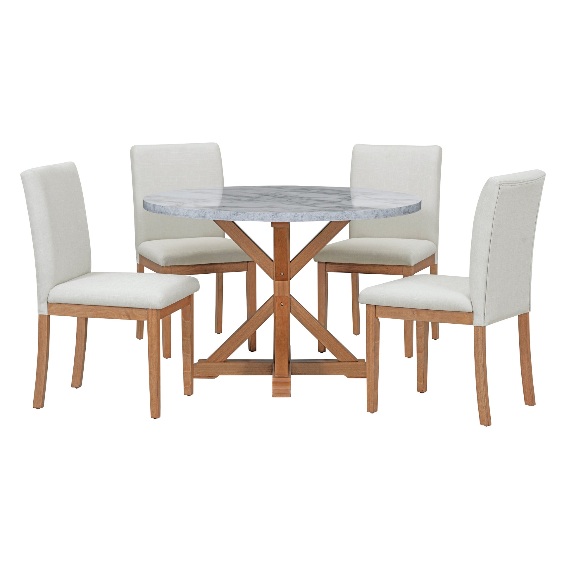 5 Piece Farmhouse Style Dining Table Set, Marble Sticker And Cross Bracket Pedestal Dining Table, And 4 Upholstered Chairs White Walnut Upholstered Chair Wood White Walnut Seats 4 Wood Dining Room Antique,Classic,Farmhouse Pedestal Round Dining Table