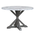 5 Piece Farmhouse Style Dining Table Set, Marble Sticker And Cross Bracket Pedestal Dining Table, And 4 Upholstered Chairs White Gray Upholstered Chair Wood White Gray Seats 4 Wood Dining Room Antique,Classic,Farmhouse Pedestal Round Dining Table With