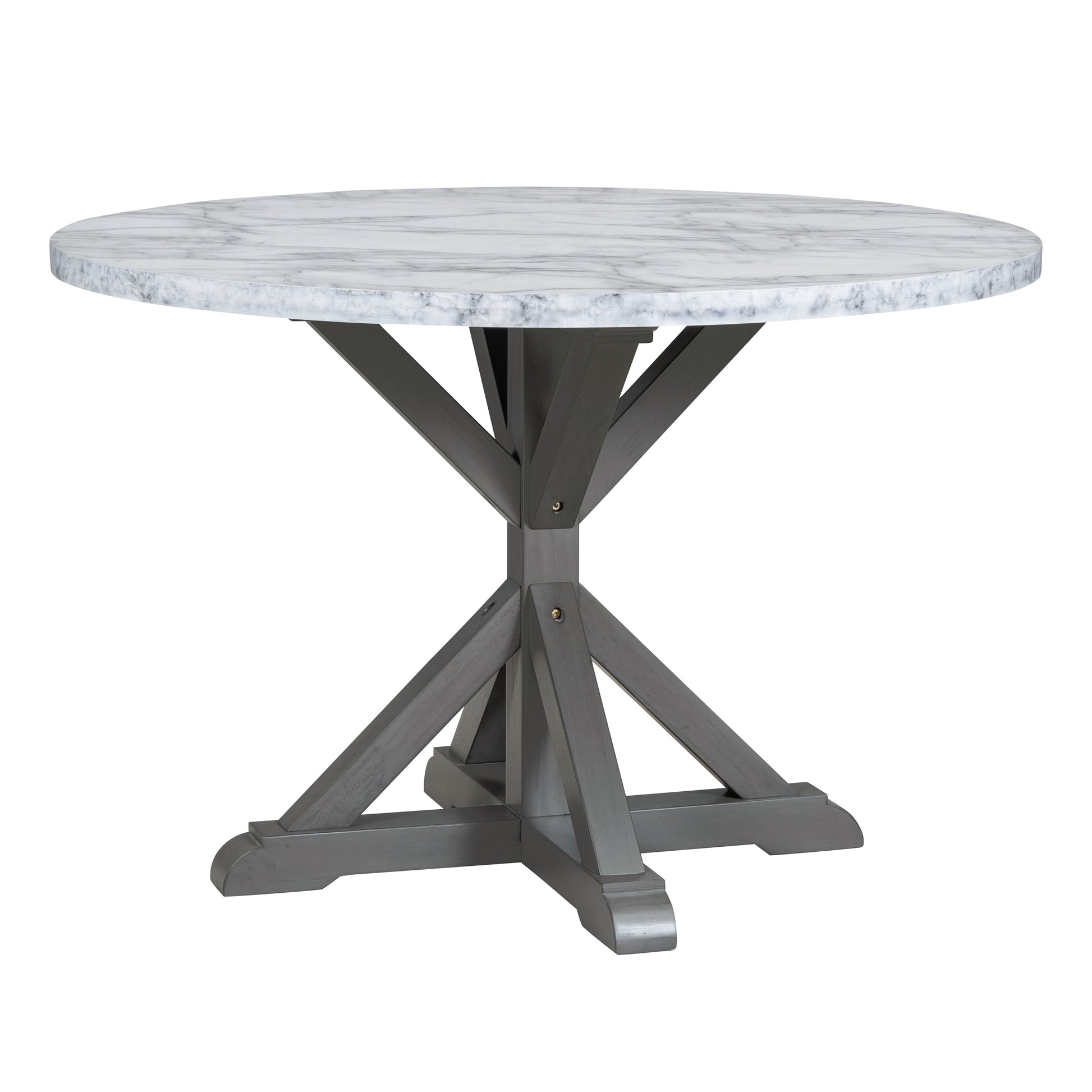 5 Piece Farmhouse Style Dining Table Set, Marble Sticker And Cross Bracket Pedestal Dining Table, And 4 Upholstered Chairs White Gray Upholstered Chair Wood White Gray Seats 4 Wood Dining Room Antique,Classic,Farmhouse Pedestal Round Dining Table With