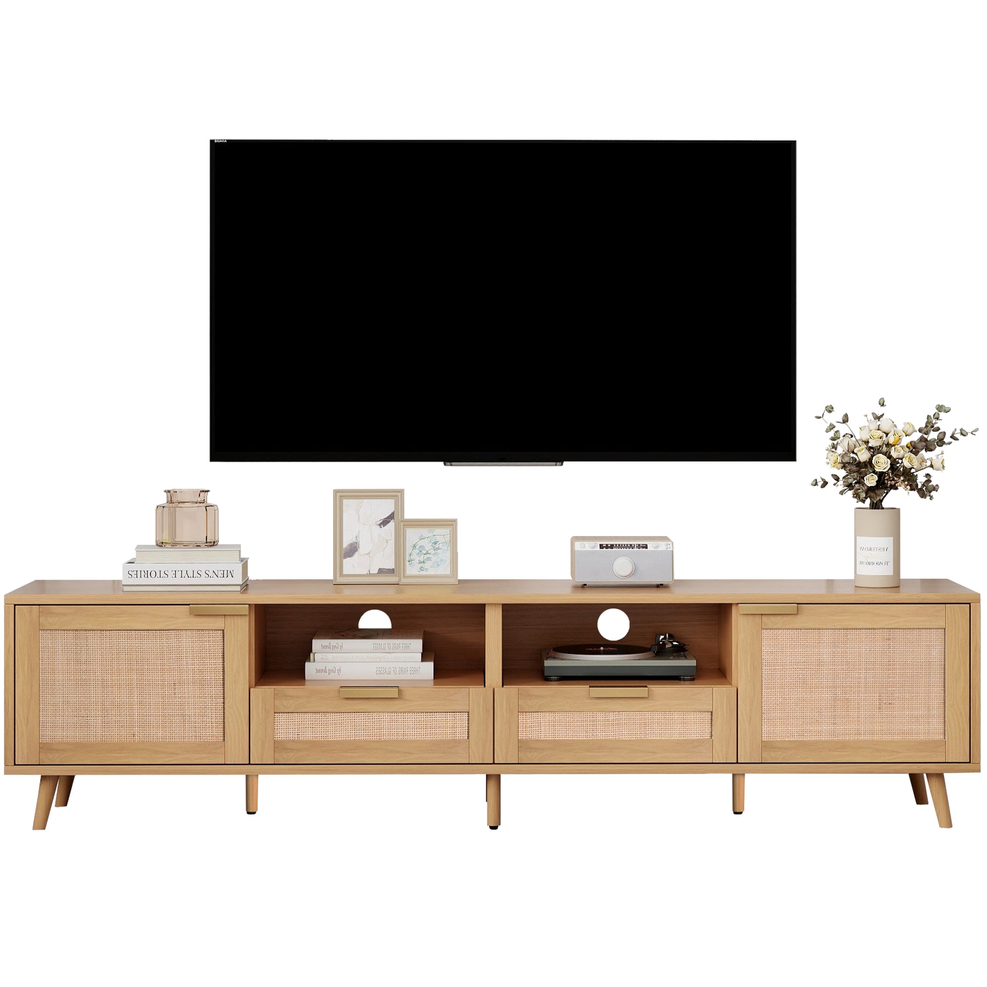 Rattan Tv Stand For Tvs Up To 85'', Modern Farmhouse Media Console, Entertainment Center With Solid Wood Legs, Tv Cabinet For Living Room,Home Theatre Wood Primary Living Space 70 79 Inches 70 79 Inches 80 Inches Solid Wood Mdf