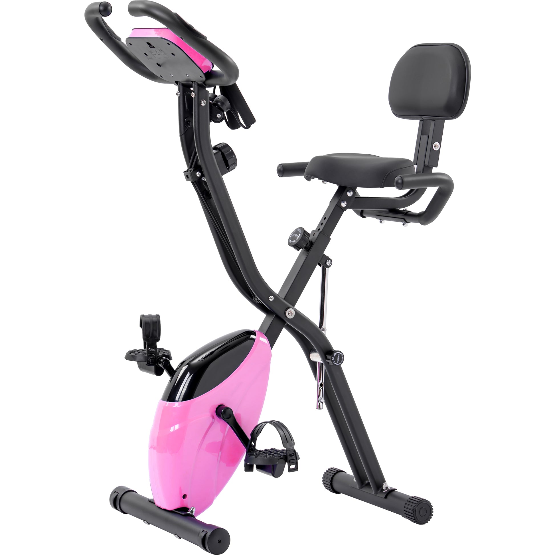 Folding Exercise Bike, Fitness Upright And Recumbent X Bike With 16 Level Adjustable Resistance, Arm Bands And Backrest Pink Metal