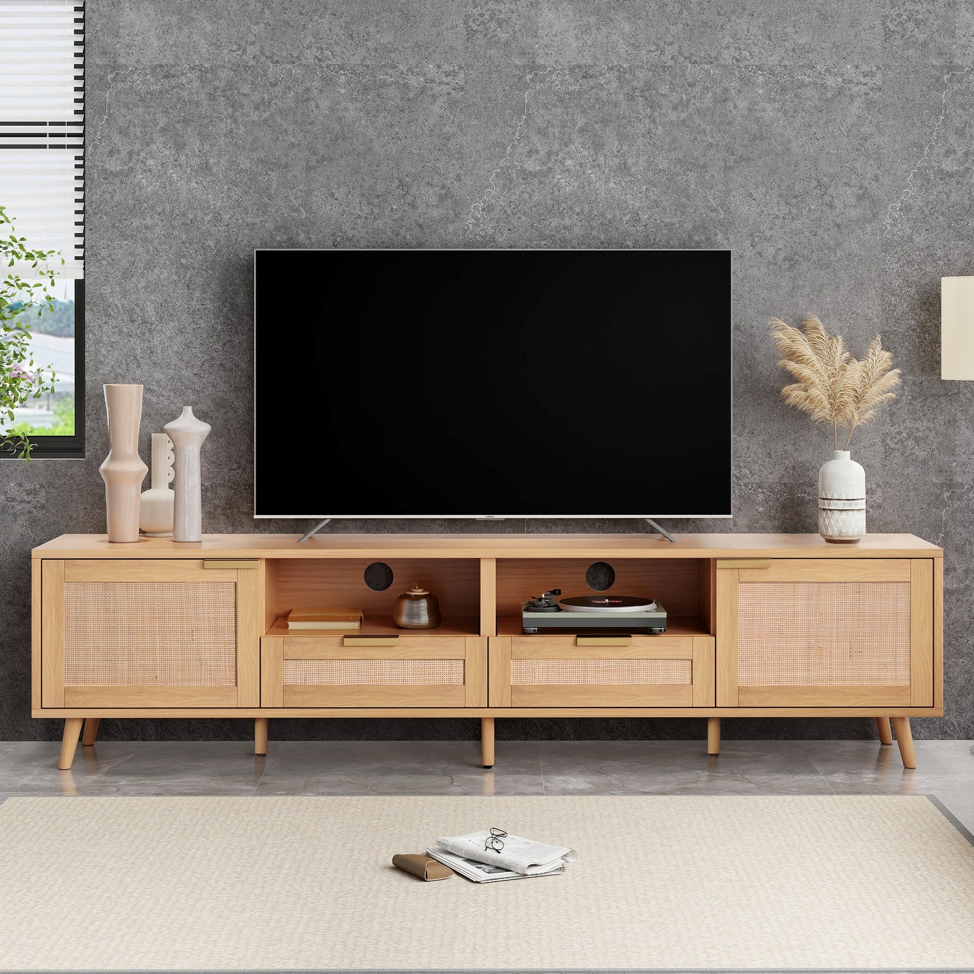 Rattan Tv Stand For Tvs Up To 85'', Modern Farmhouse Media Console, Entertainment Center With Solid Wood Legs, Tv Cabinet For Living Room,Home Theatre Wood Primary Living Space 70 79 Inches 70 79 Inches 80 Inches Solid Wood Mdf