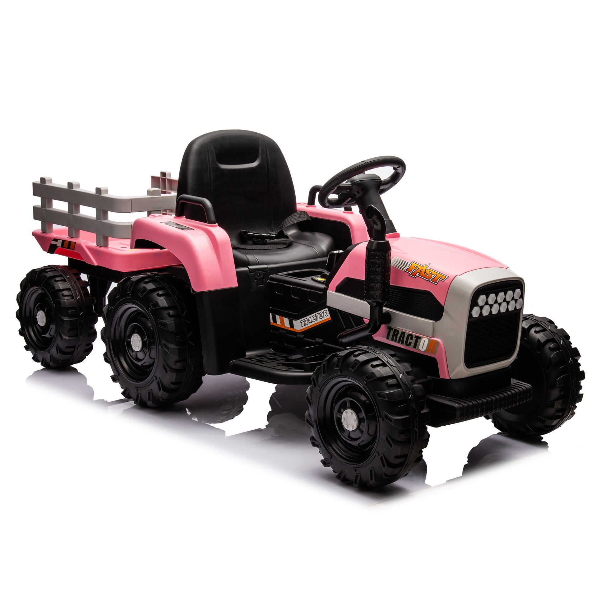 Ride On Tractor With Trailer,12V Battery Powered Electric Tractor Toy W Remote Control,Electric Car For Kids,Three Speed Adjustable,Power Display, Usb,Mp3 ,Bluetooth,Led Light,Two Point Safety Belt Pink Plastic