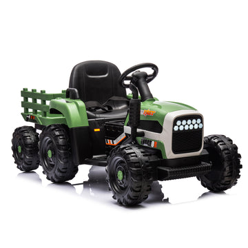 Ride On Tractor2.0 With Trailer,24V Battery Powered Electric Tractor Toy, 200W*2Motor 1.86 4.97Mph Remote Control,Electric Car For Kids,Three Speed Adjustable,Usb,Mp3 ,Bluetooth,Led Light, Safety Belt Emerald Plastic