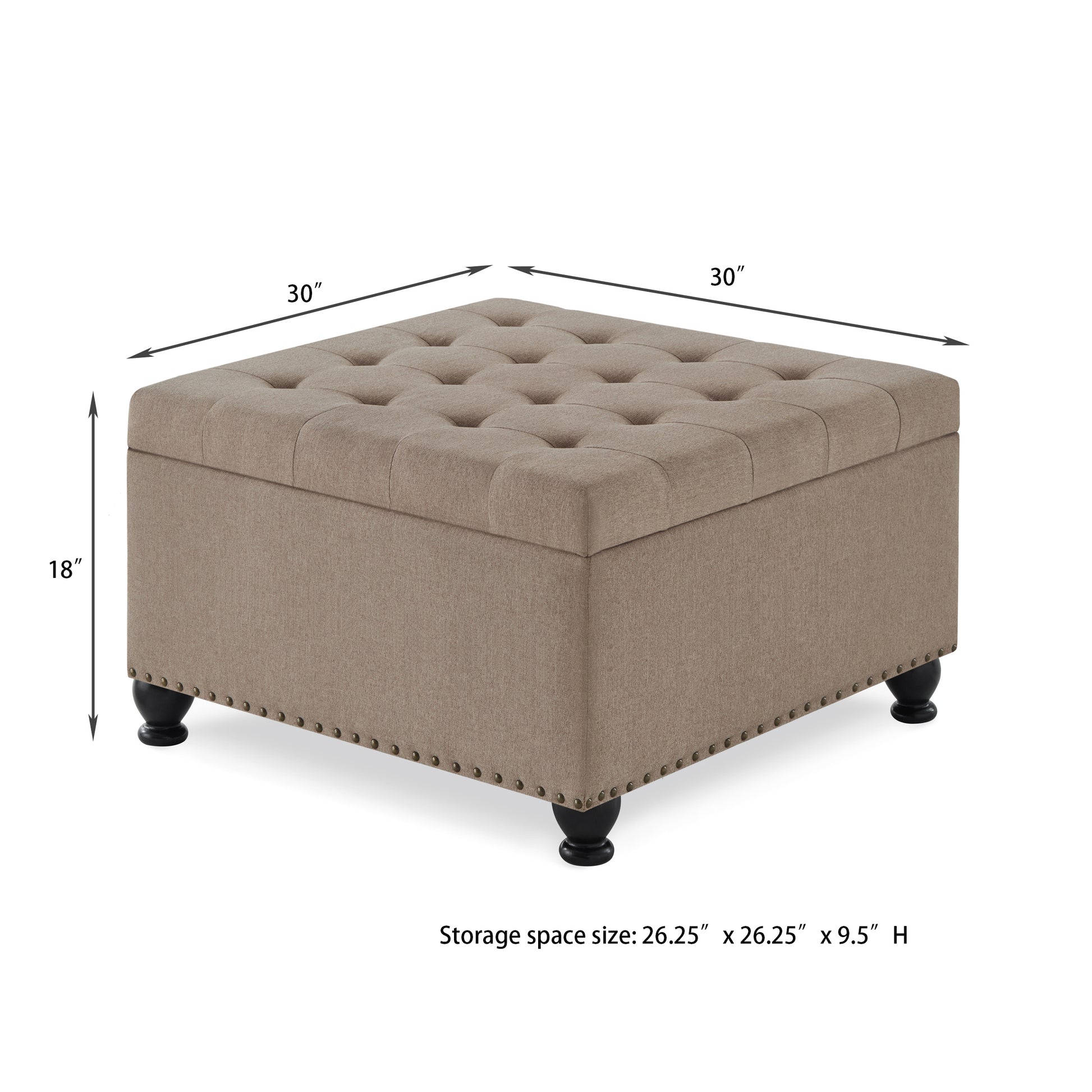 Large Square Storage Ottoman With Wooden Legs, Upholstered Button Tufted Coffee Table With Nail Trims For For Living Space,Linen Espresso Wood Primary Living Space Black Solid Rubberwood Wood With