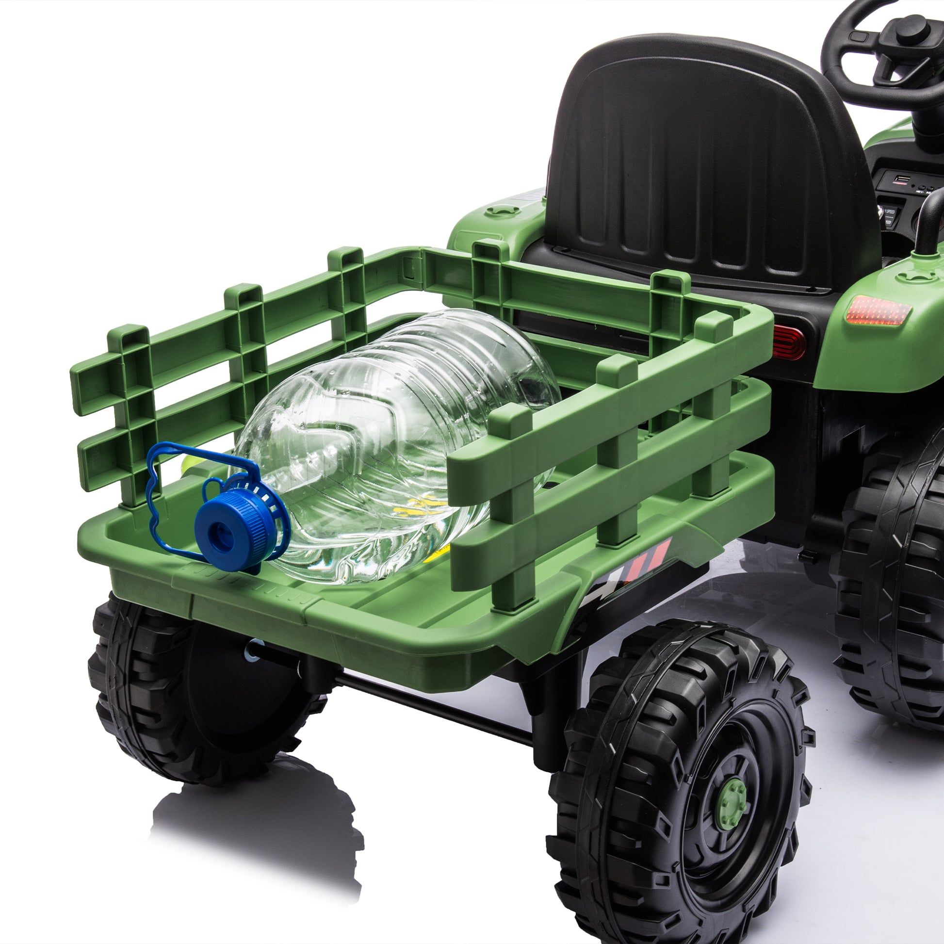 Ride On Tractor2.0 With Trailer,24V Battery Powered Electric Tractor Toy, 200W*2Motor 1.86 4.97Mph Remote Control,Electric Car For Kids,Three Speed Adjustable,Usb,Mp3 ,Bluetooth,Led Light, Safety Belt Emerald Plastic