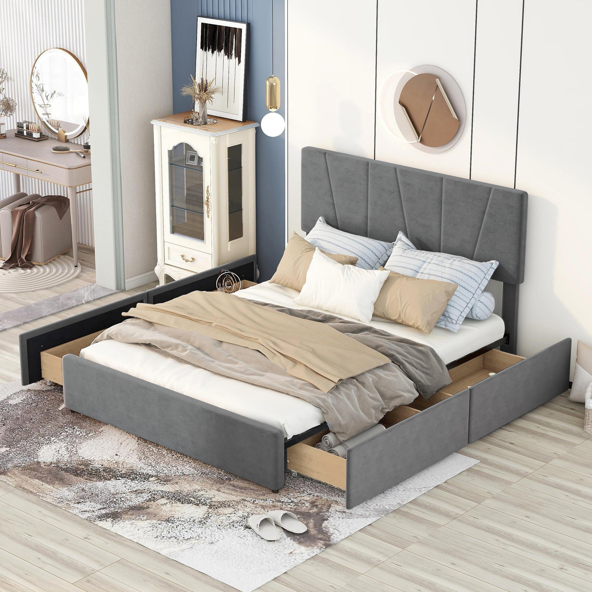 Queen Size Upholstery Platform Bed With Four Drawers On Two Sides, Adjustable Headboard, Grey Old Sku: Wf291774Eaa Box Spring Not Required Queen Grey Wood Bedroom Bed Frame Velvet Upholstered