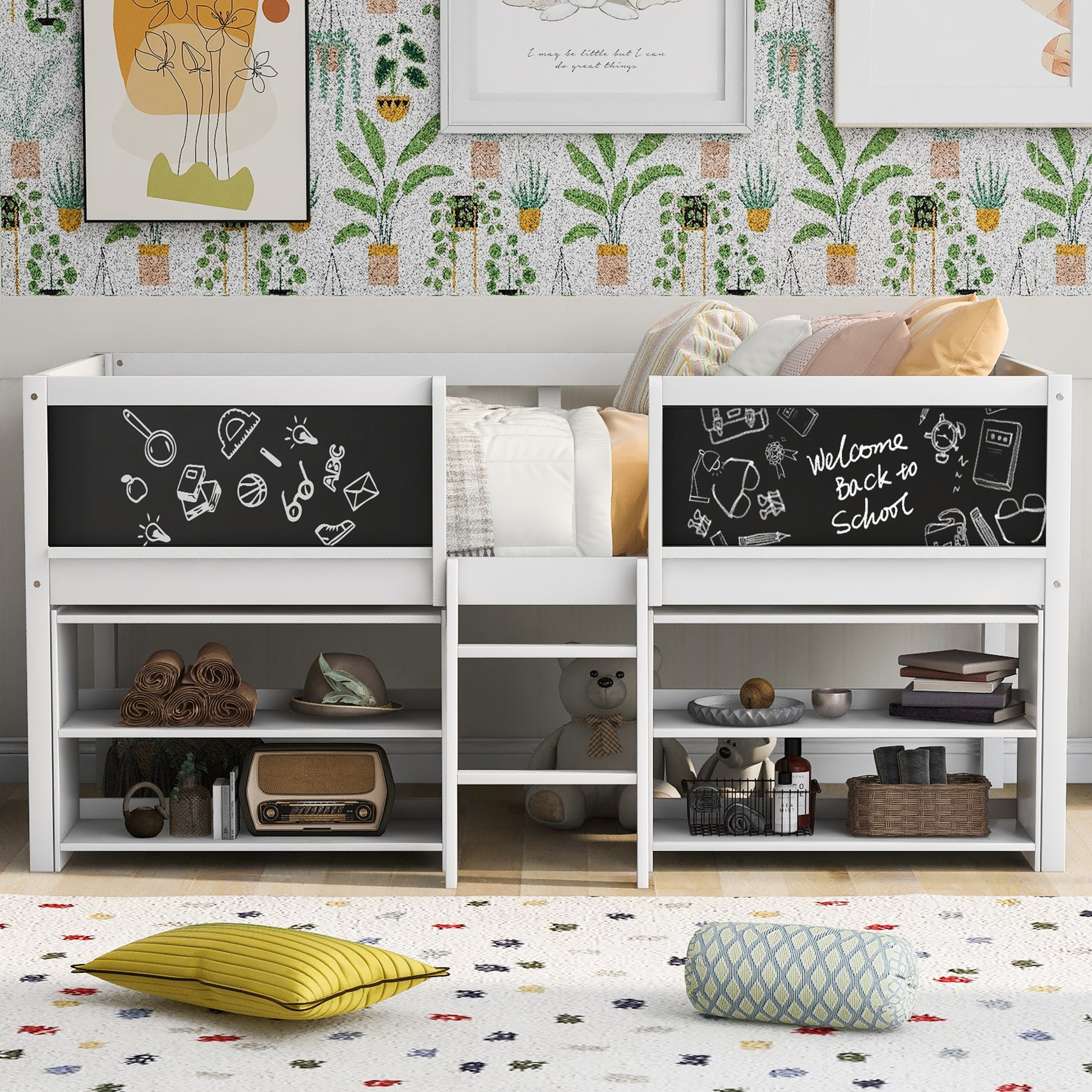 Twin Size Low Loft Bed With Two Movable Shelves And Ladder,With Decorative Guardrail Chalkboard,White Old Sku: Wf283286Aak Box Spring Not Required Twin White Wood Bedroom Pine