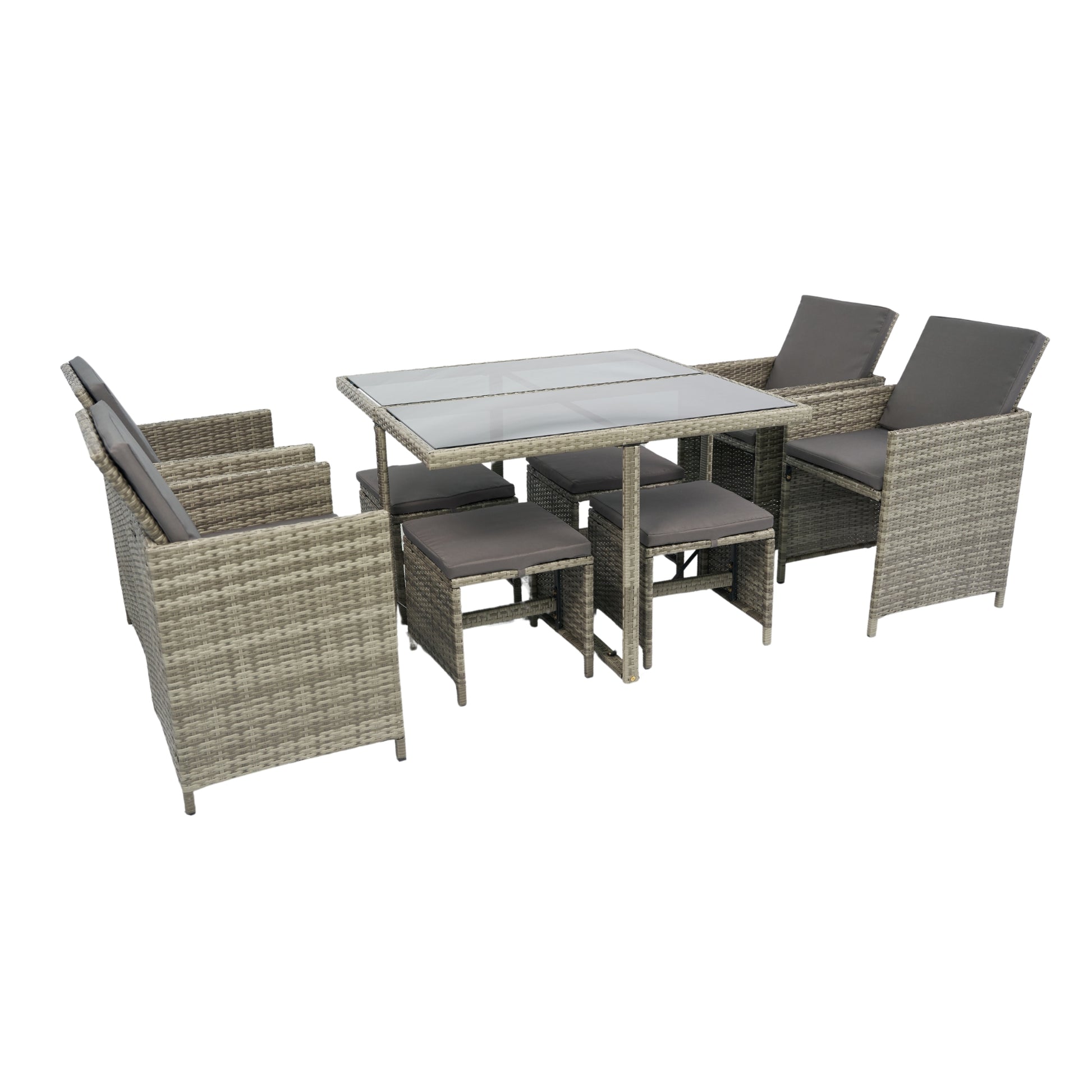 9 Pieces Patio Dining Sets Outdoor Space Saving Rattan Chairs With Glass Table Patio Furniture Sets Cushioned Seating And Back Sectional Conversation Set Grey Wicker Grey Cushion Yes Dining Set Grey Rust Resistant Frame Mildew Resistant Cushion Garden &