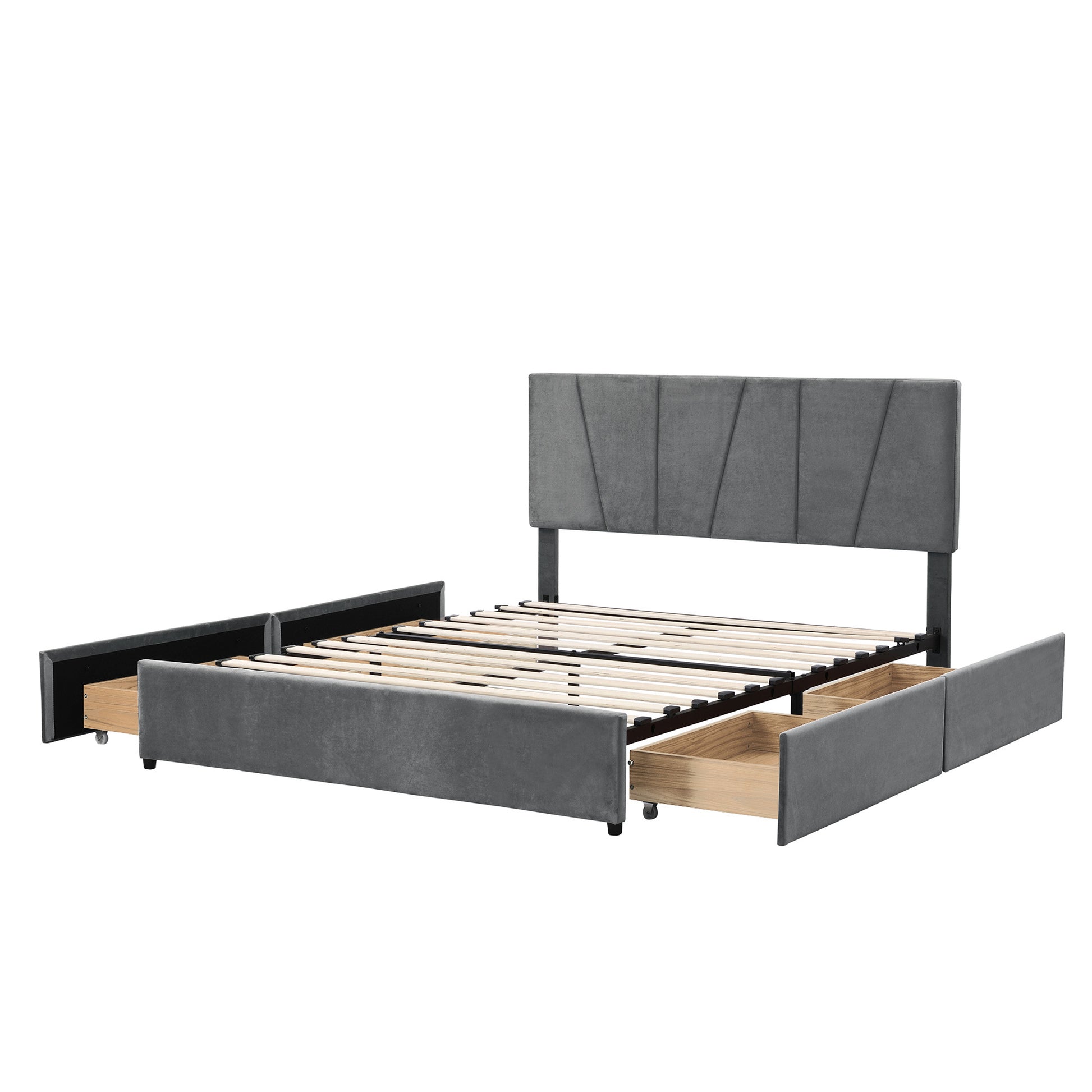 Queen Size Upholstery Platform Bed With Four Drawers On Two Sides, Adjustable Headboard, Grey Old Sku: Wf291774Eaa Box Spring Not Required Queen Grey Wood Bedroom Bed Frame Velvet Upholstered