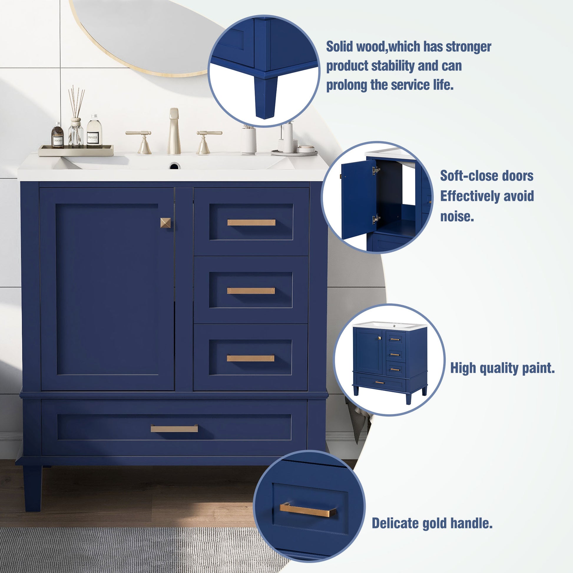 30" Bathroom Vanity, Modern Bathroom Cabinet With Sink Combo Set, Bathroom Storage Cabinet With A Soft Closing Door And 3 Drawers,Solid Wood Frame Resin Basin Blue Solid Wood Mdf