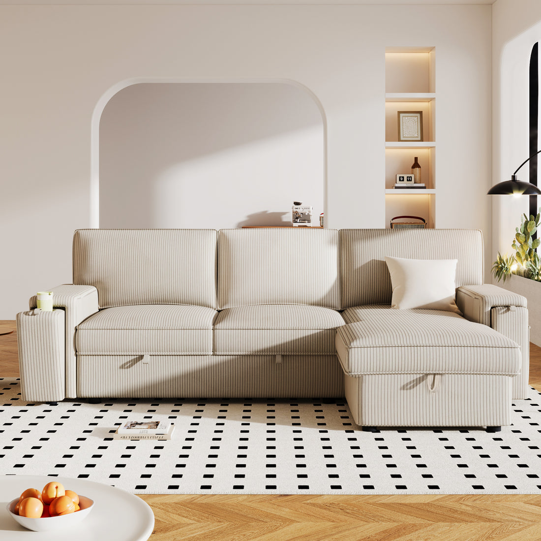 Upholstery Sleeper Sectional Sofa With Storage Bags And 2 Cup Holders On Arms Beige Wood Cushion Back Square Arms Polyester 3 Seat