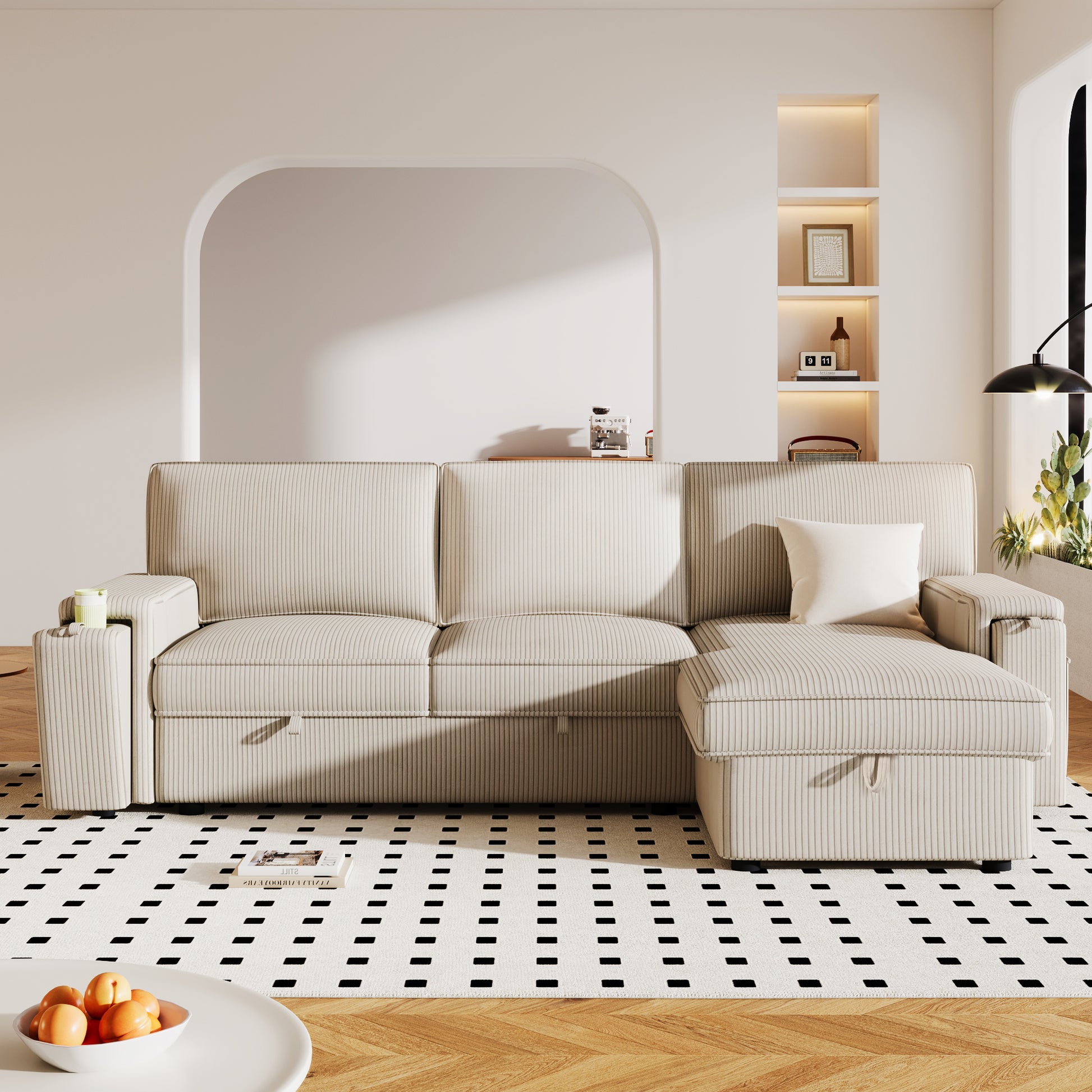 Upholstery Sleeper Sectional Sofa With Storage Bags And 2 Cup Holders On Arms Beige Wood Cushion Back Square Arms Polyester 3 Seat