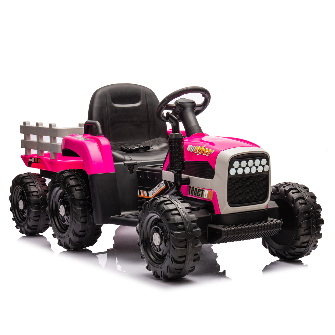 Ride On Tractor With Trailer,12V Battery Powered Electric Tractor Toy W Remote Control,Electric Car For Kids,Three Speed Adjustable,Power Display, Usb,Mp3 ,Bluetooth,Led Light,Two Point Safety Belt Rose Red Plastic