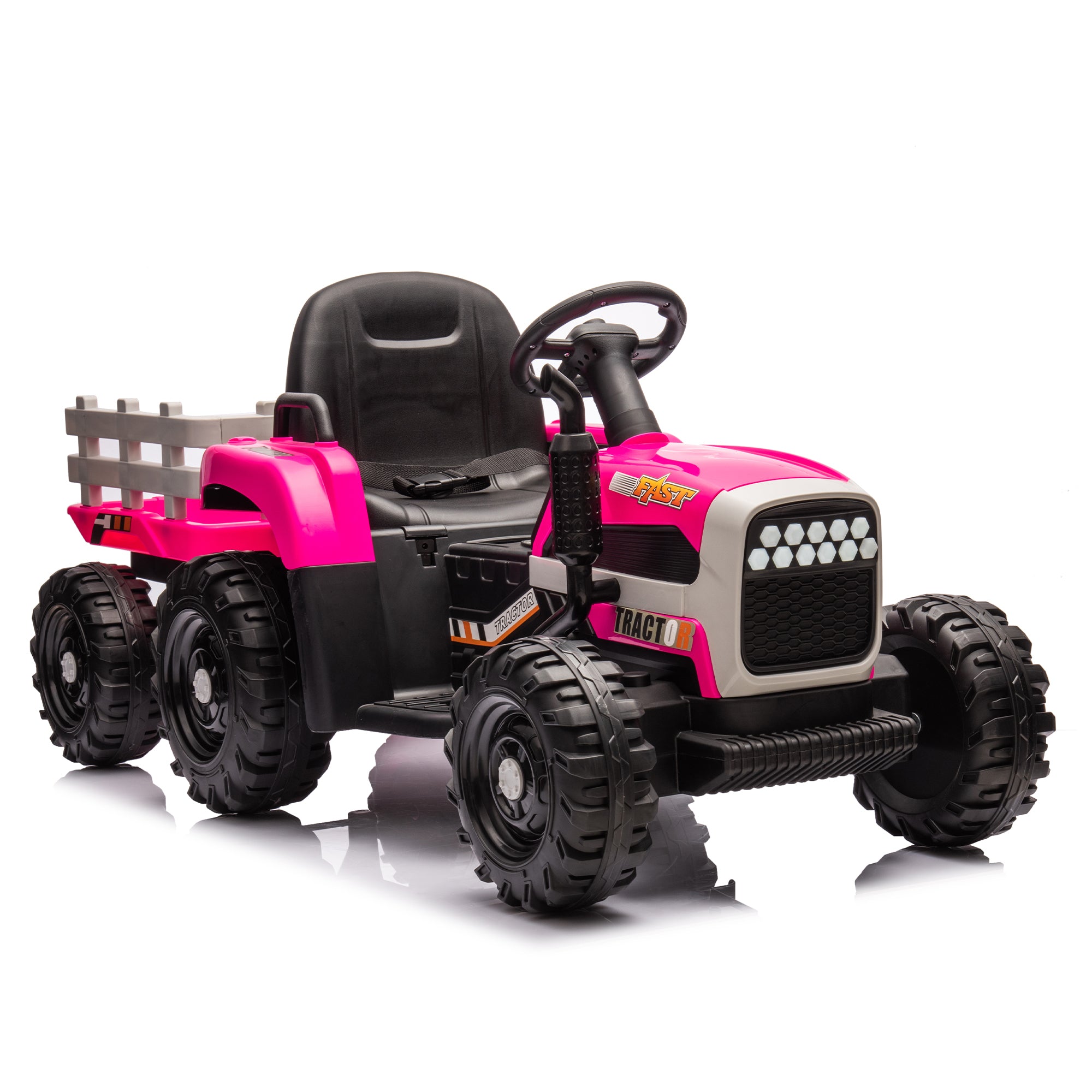 Ride On Tractor2.0 With Trailer,24V Battery Powered Electric Tractor Toy, 200W*2Motor 1.86 4.97Mph Remote Control,Electric Car For Kids,Three Speed Adjustable,Usb,Mp3 ,Bluetooth,Led Light, Safety Belt Rose Red Plastic