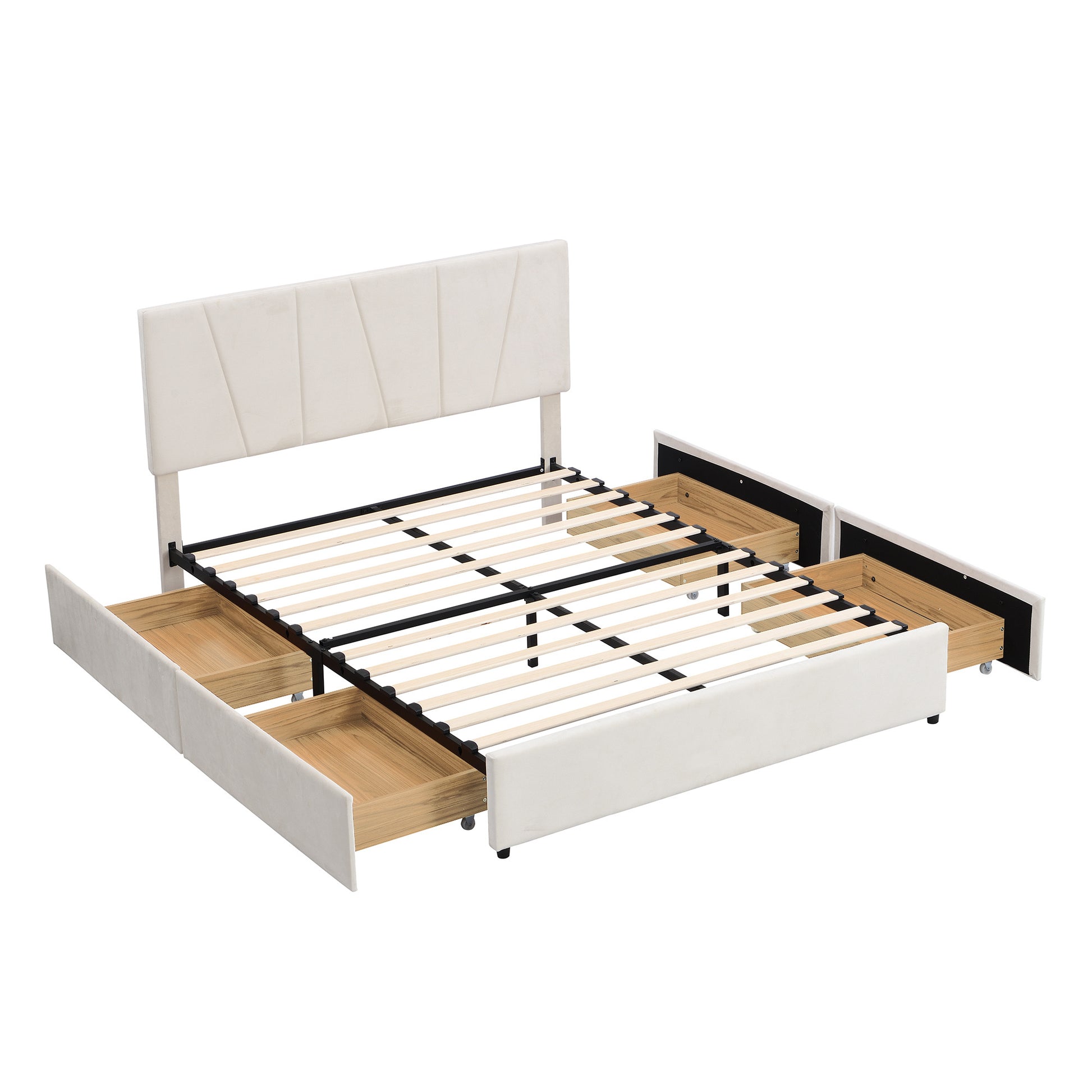 Queen Size Upholstery Platform Bed With Four Drawers On Two Sides, Adjustable Headboard, Beige Old Sku: Wf291774Aaa Box Spring Not Required Queen Beige Wood Bedroom Bed Frame Velvet Upholstered