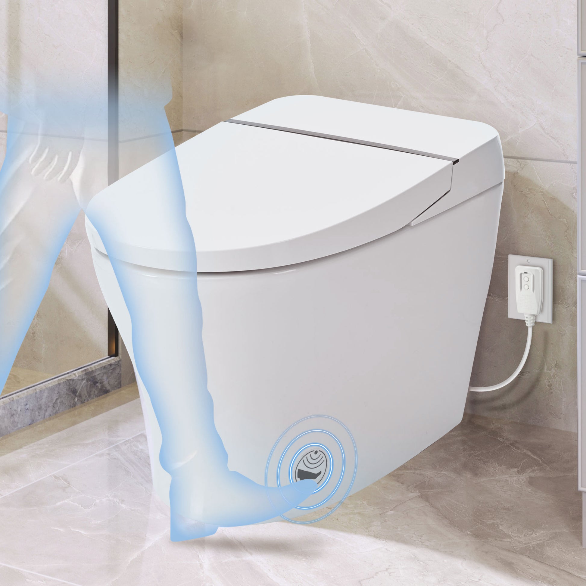 Smart Toilet Bidet Combo With Self Cleaning Nozzle,Upmarket Compact Dual Flush Toilet 1 1.28 Gpf,Tank Less Toilet With Foot Sensor Flush,White Night Light,Knob Control,Power Outage Flushing,Soft Close White Ceramic