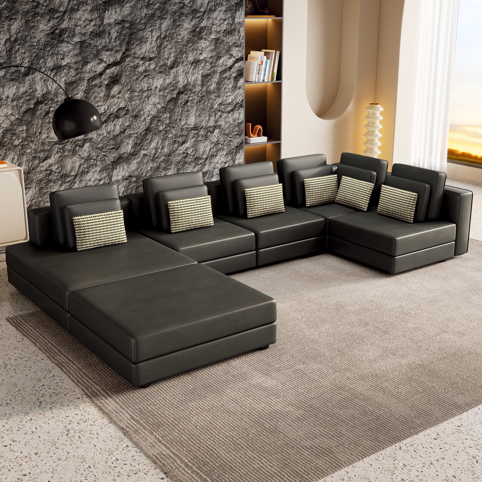 112.7" Modular Sectional Sofa Corner Sofa Chaise Lounge With Movable Ottoman For Living Room, Black Black Foam Palomino Fabric