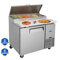 Orikool 44 In Commercial Pizza Prep Table With A Built In Refrigerator 11 Cu.Ft, Butcher Block Cutting Board, Protection Lid, Cold Storage, And Smooth Rolling Casters, Etl Certified Silver Stainless Steel