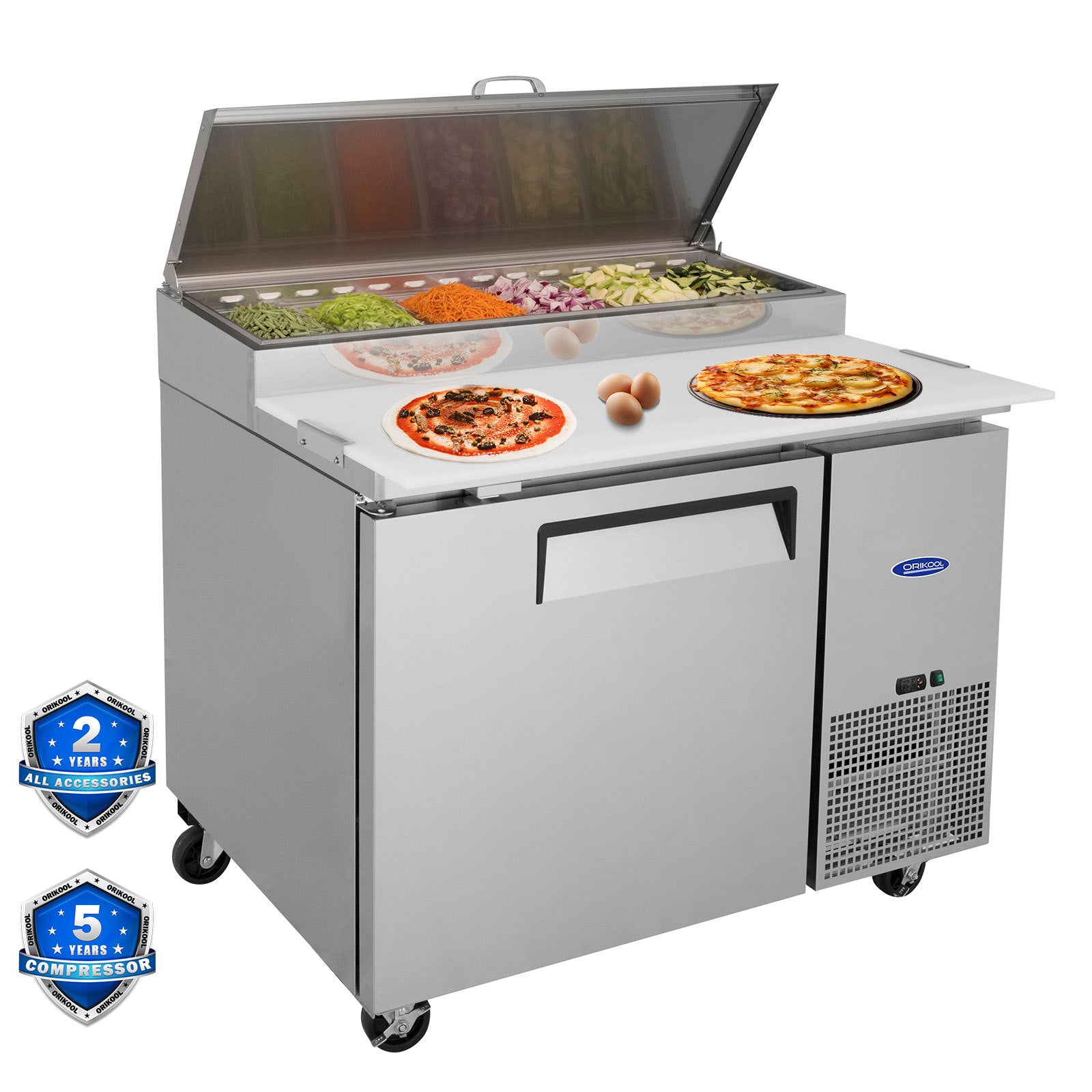 Orikool 44 In Commercial Pizza Prep Table With A Built In Refrigerator 11 Cu.Ft, Butcher Block Cutting Board, Protection Lid, Cold Storage, And Smooth Rolling Casters, Etl Certified Silver Stainless Steel