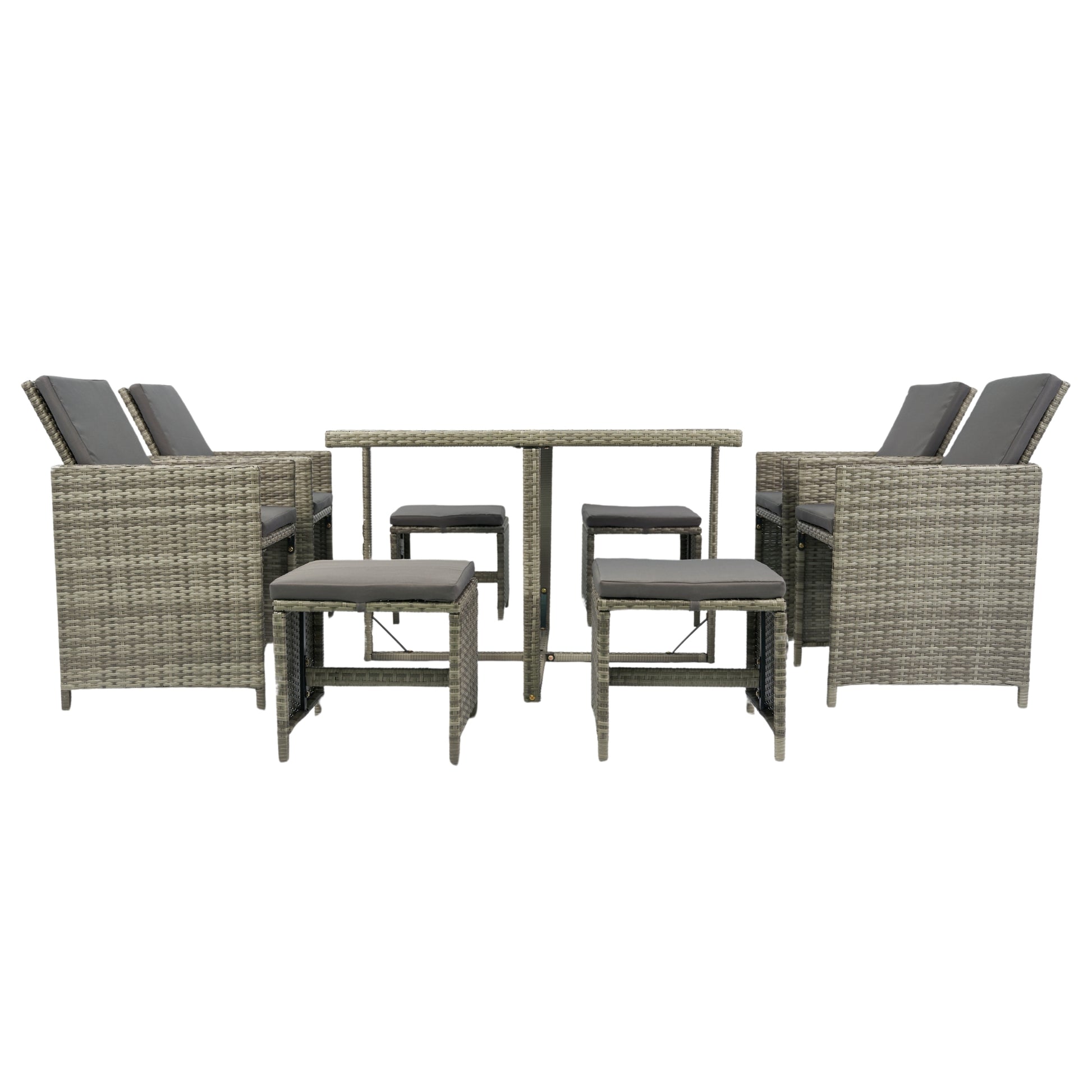 9 Pieces Patio Dining Sets Outdoor Space Saving Rattan Chairs With Glass Table Patio Furniture Sets Cushioned Seating And Back Sectional Conversation Set Grey Wicker Grey Cushion Yes Dining Set Grey Rust Resistant Frame Mildew Resistant Cushion Garden &