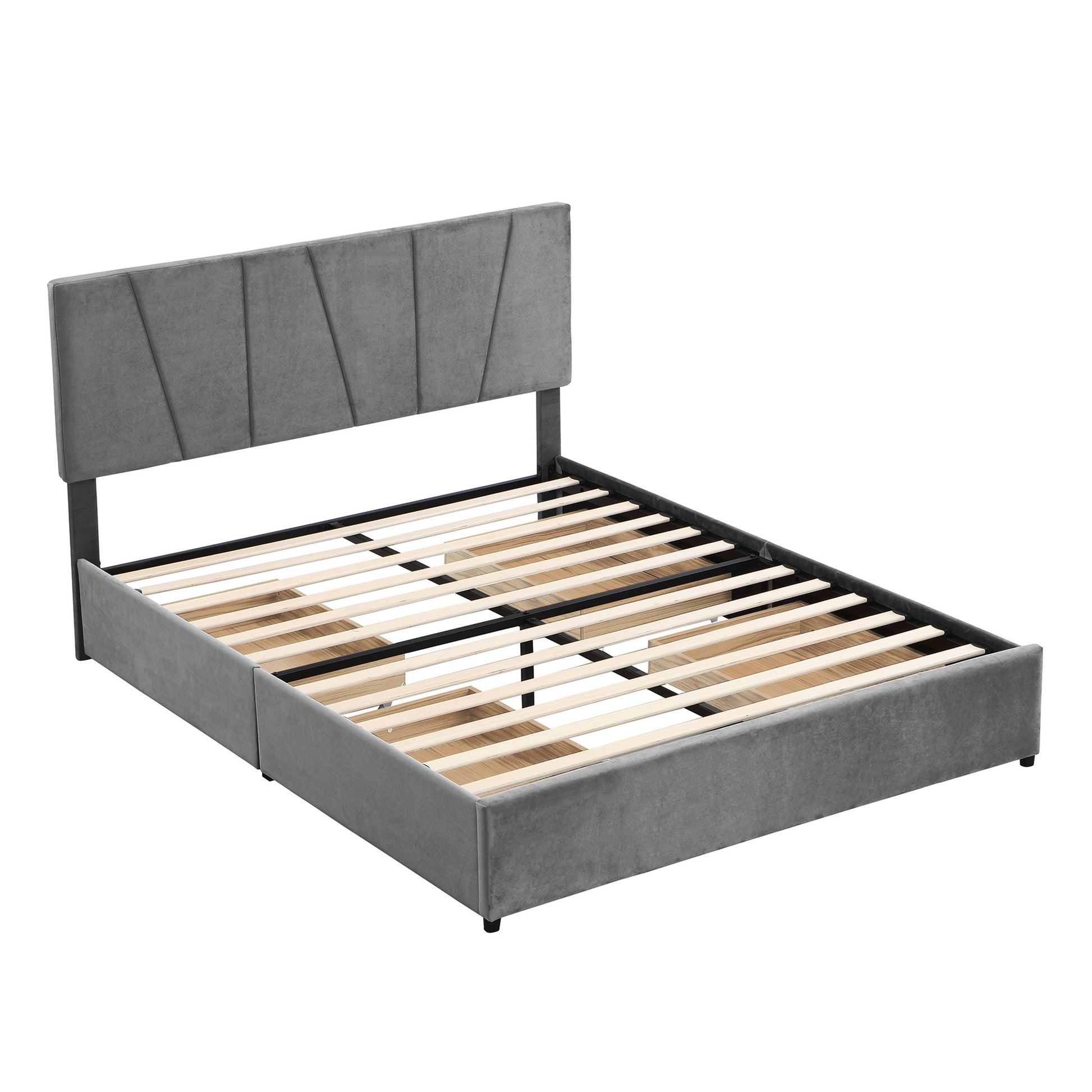 Queen Size Upholstery Platform Bed With Four Drawers On Two Sides, Adjustable Headboard, Grey Old Sku: Wf291774Eaa Box Spring Not Required Queen Grey Wood Bedroom Bed Frame Velvet Upholstered