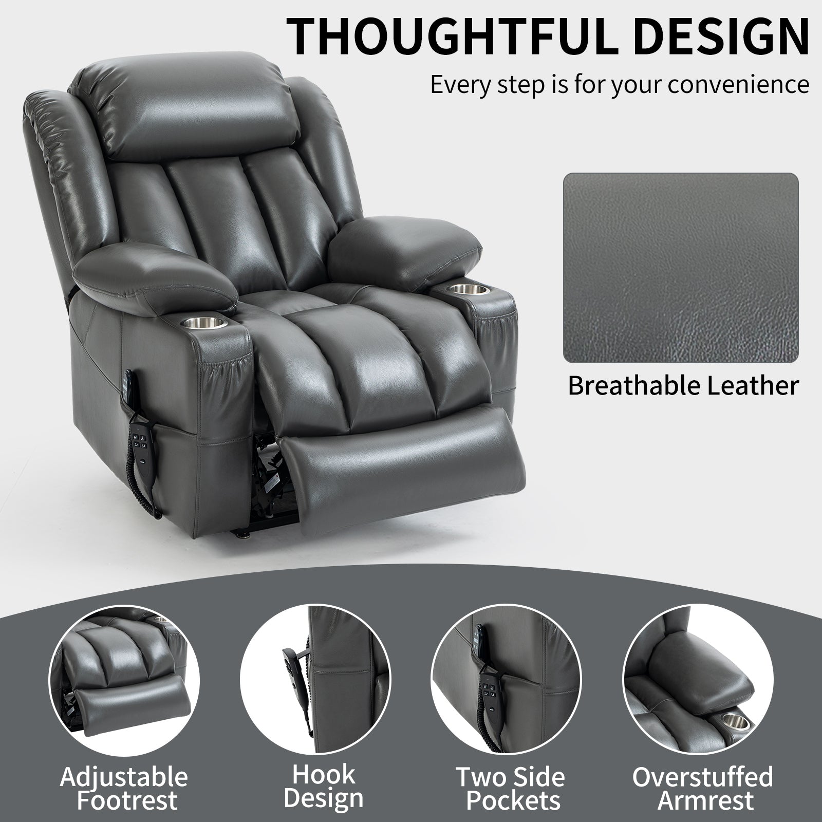 Dual Motor Infinite Position Up To 350 Lbs Leatheraire Power Lift Recliner Chair, Heavy Duty Motion Mechanism With 8 Point Vibration Massage And Lumbar Heating, Stainless Steel Cup Holders, Grey White Metal Primary Living Space Heavy Duty Pine Grey Faux