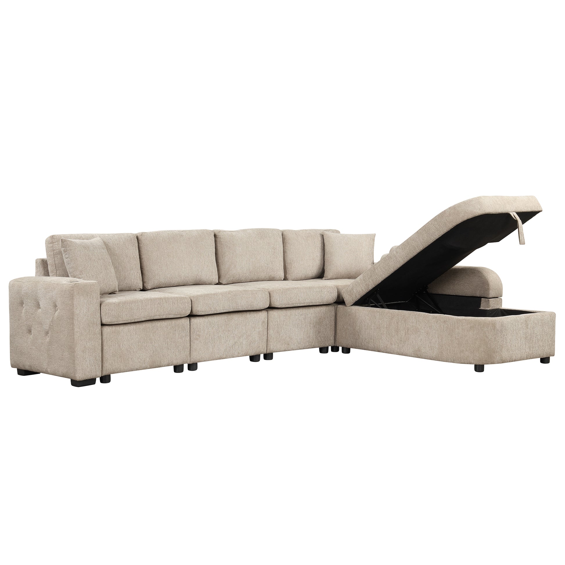 109.8"L Shaped Couch Sectional Sofa With Storage Chaise,Cup Holder And Usb Ports For Living Room, Beige Beige Foam Chenille 4 Seat