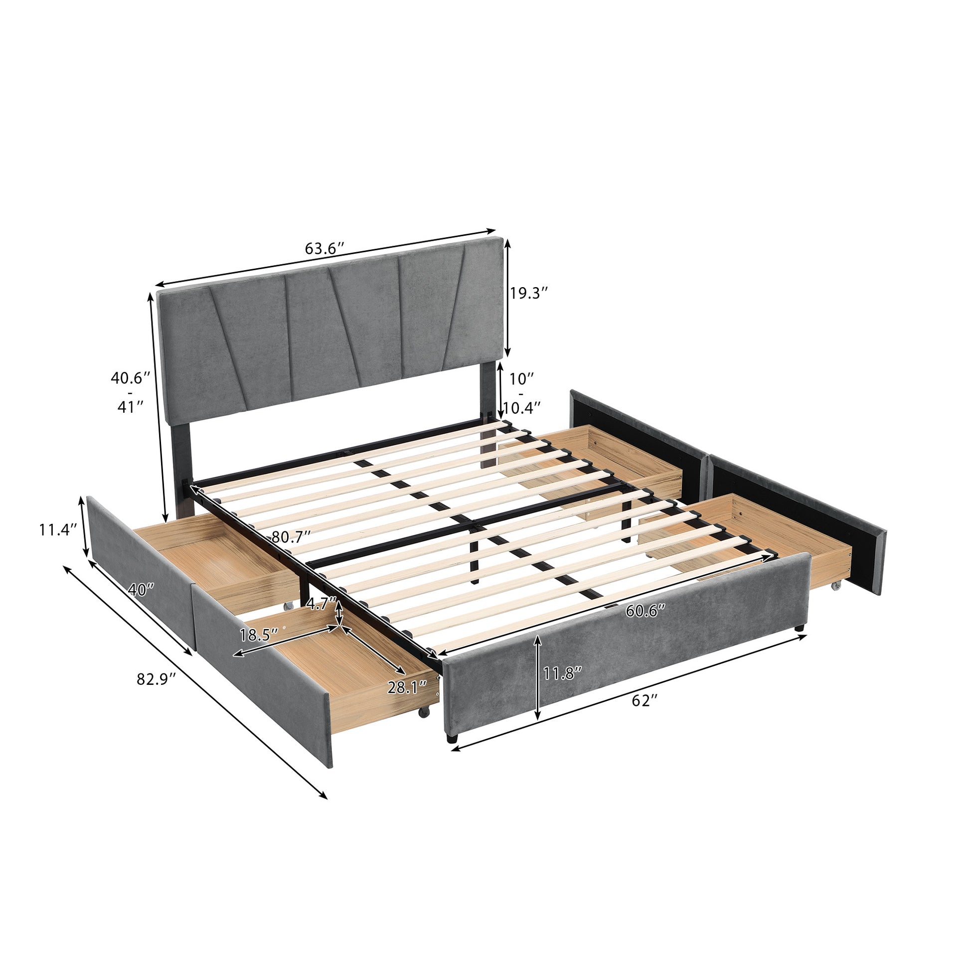 Queen Size Upholstery Platform Bed With Four Drawers On Two Sides, Adjustable Headboard, Grey Old Sku: Wf291774Eaa Box Spring Not Required Queen Grey Wood Bedroom Bed Frame Velvet Upholstered