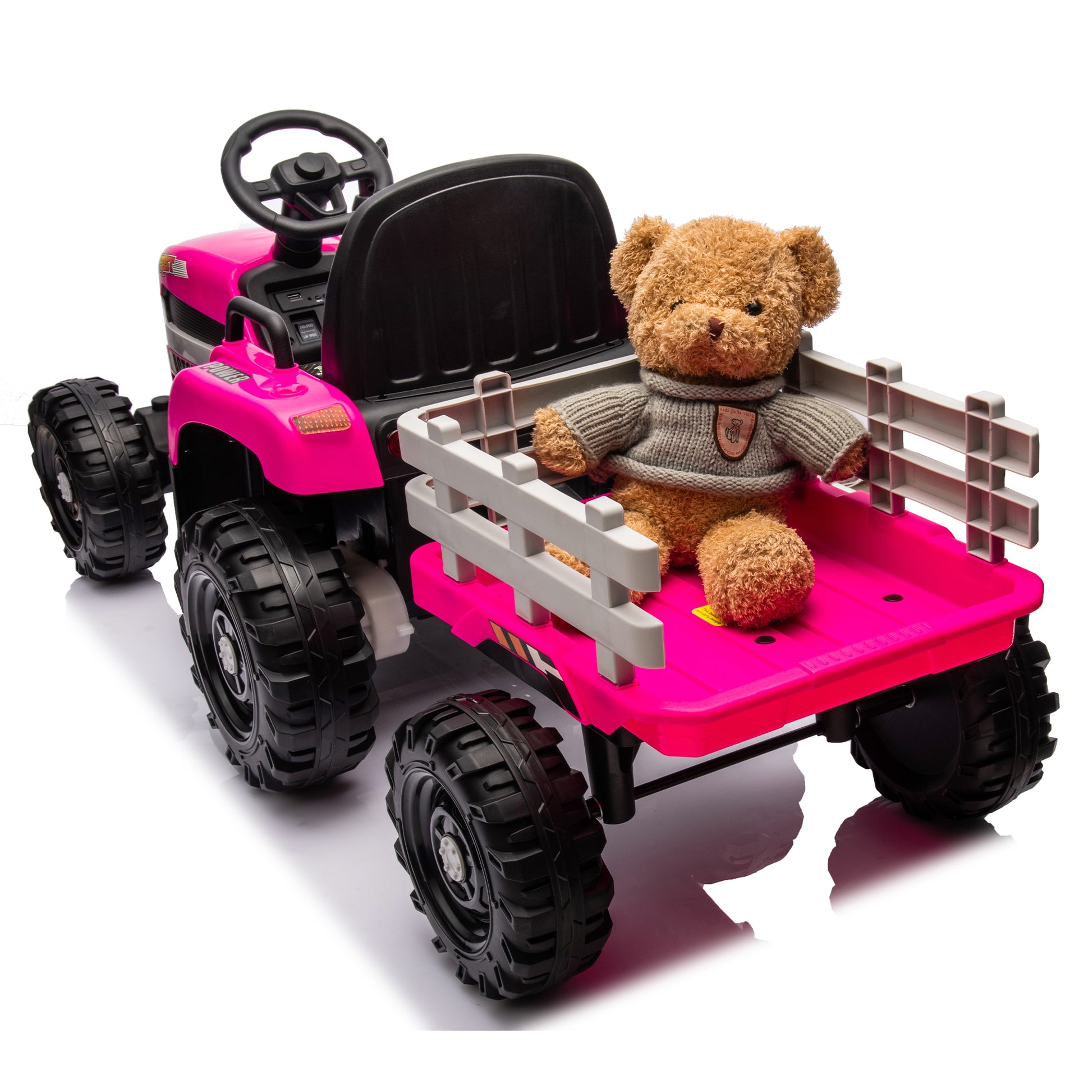 Ride On Tractor2.0 With Trailer,24V Battery Powered Electric Tractor Toy, 200W*2Motor 1.86 4.97Mph Remote Control,Electric Car For Kids,Three Speed Adjustable,Usb,Mp3 ,Bluetooth,Led Light, Safety Belt Rose Red Plastic